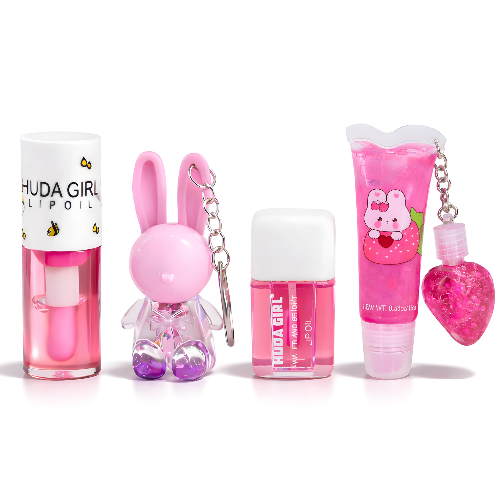 HUDA GIRL Korean Lip Gloss Set - 2in1 Tube Lip Gloss, Rabbit Keychain Lipgloss, Liquid Lip Oil, Swiss Pink Lip Tint - Moisturizing & Pigmented Lipgloss for Women and Girls-image-1