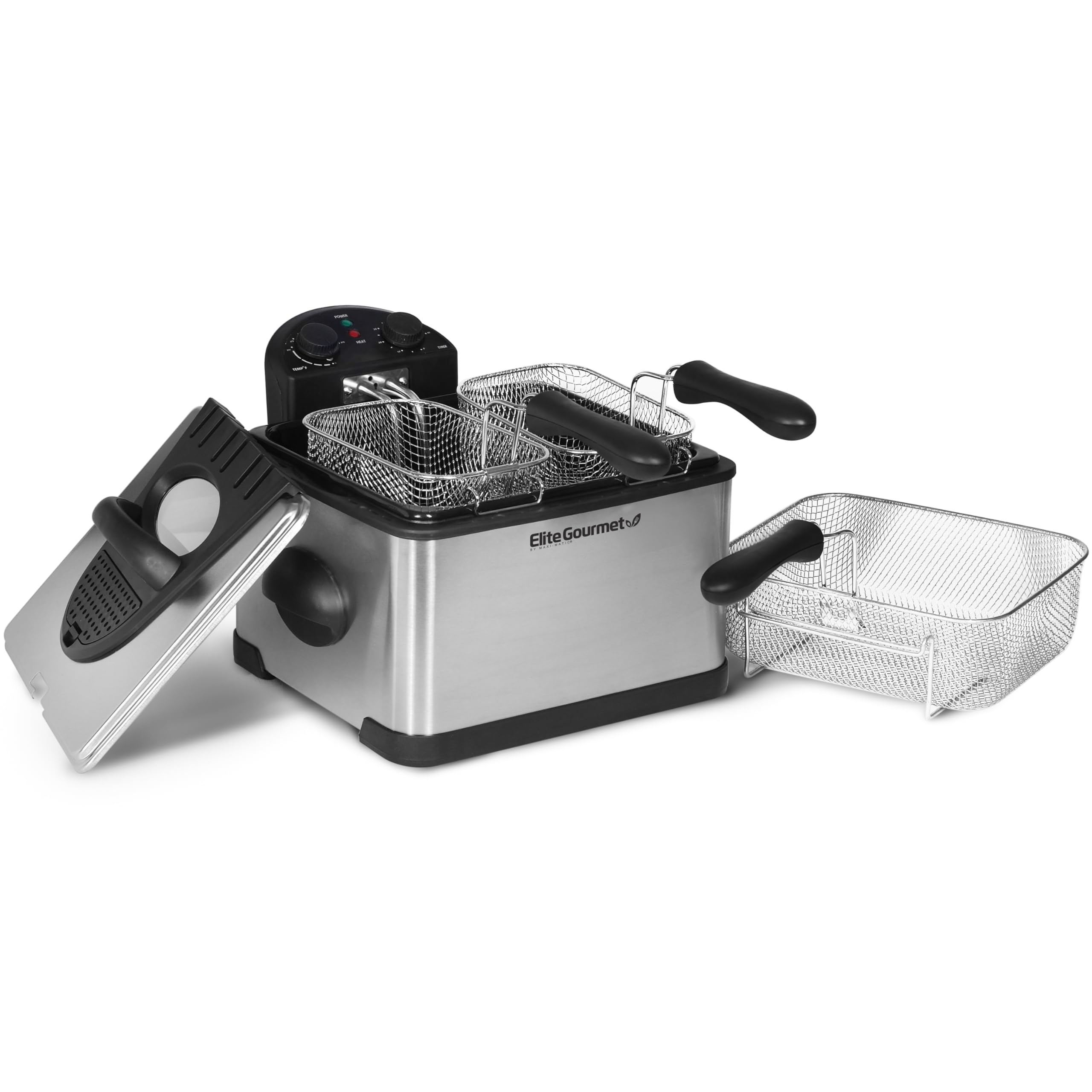 Elite Gourmet EDF-401T Freidora eléctrica de inmersión de 3 cestas, 1700 vatios, Temperatura Regulable con Temporizador, Tapa con Mirilla y Filtro antiolor