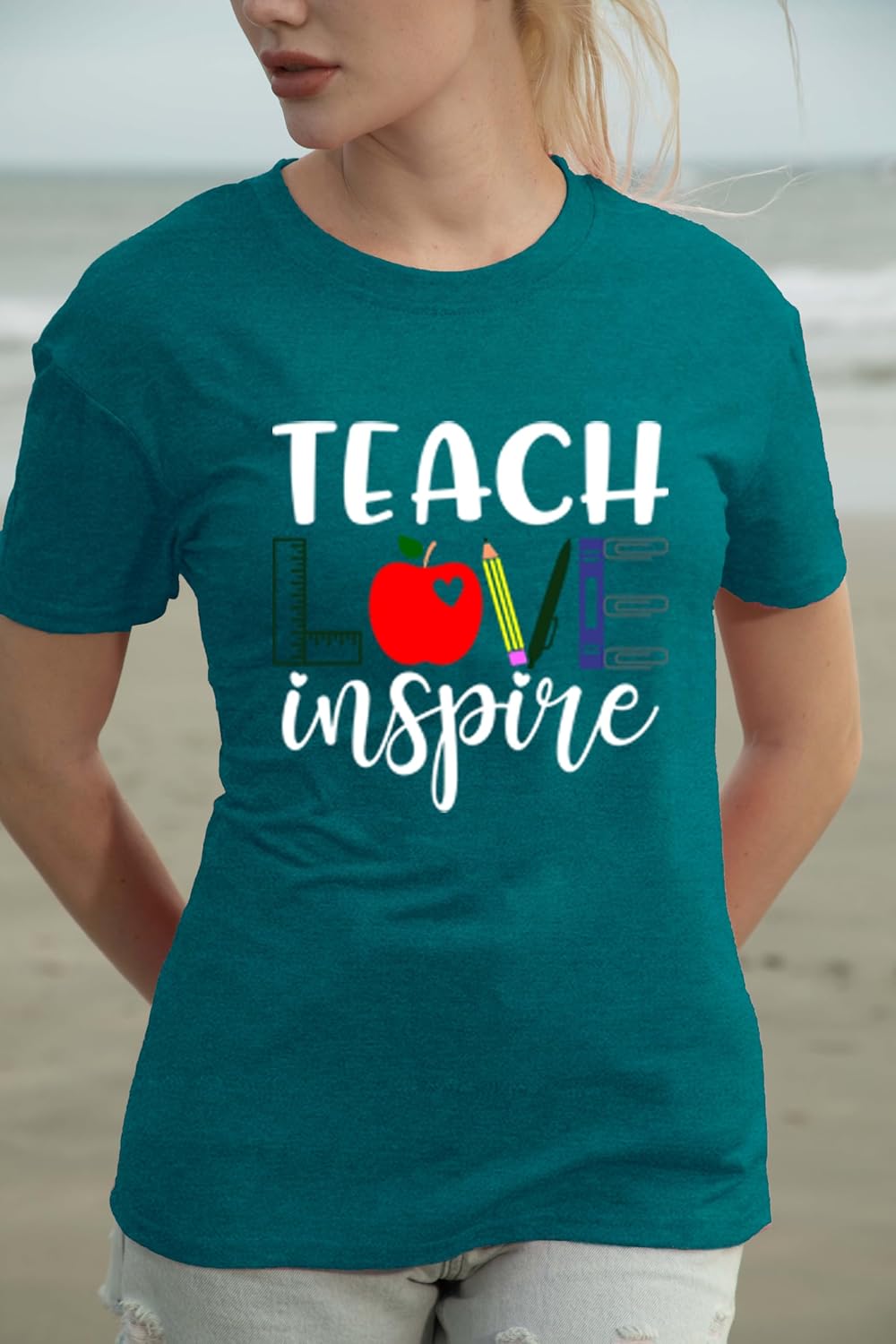 Womens Teacher Shirt Teach Love Inspire T-Shirt Teacher Life Tee Tops - Image 3