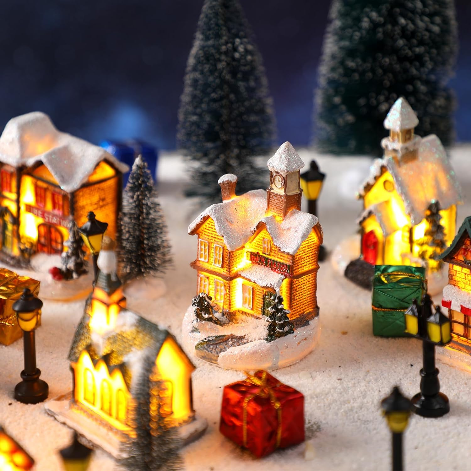 Shappy 48 Pcs Christmas Village Houses Town Buildings Accessories 10 Light up Christmas Village House 12 Mini Trees 12 LED Lights 2 Snow Blanket Box for DIY(Classical Style)