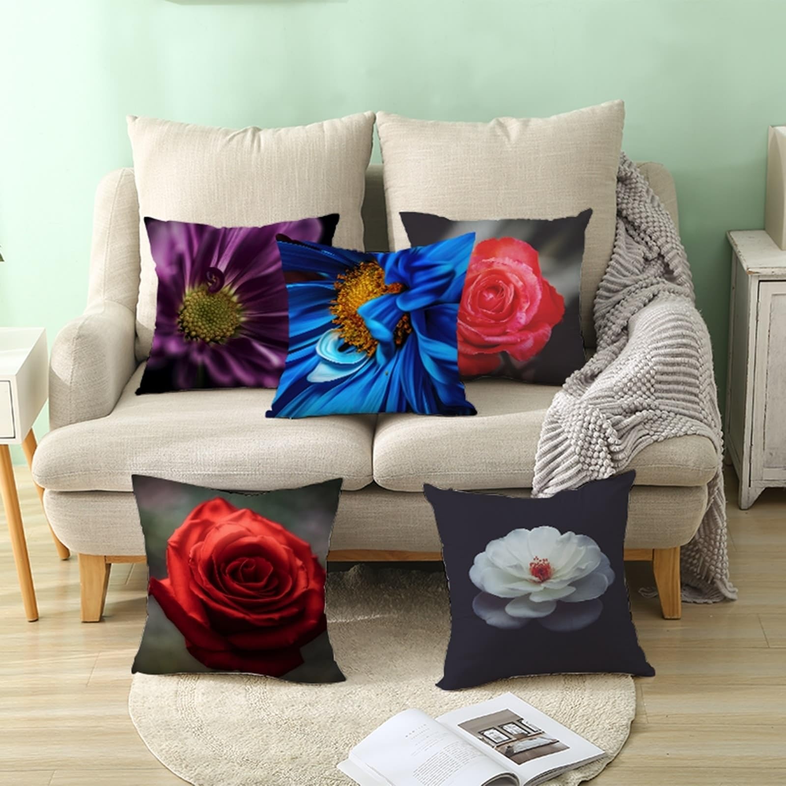 4 ozdobne poszewki na poduszki, frangipani i chińskie kwiaty, dekoracyjne, na sofę, do sypialni, różowo-beżowe, 50 x 50 cm, 4 sztuki