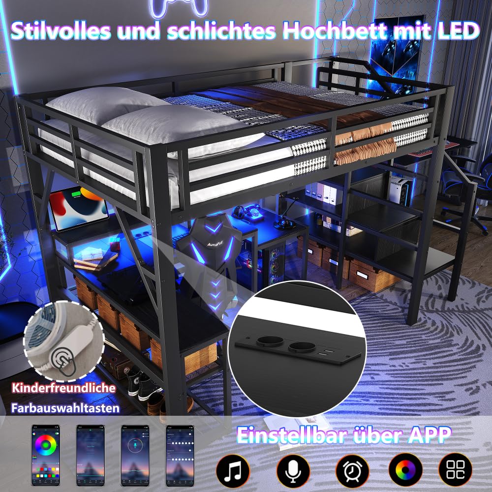 Sapgaks Lit Mezzanine 1 Place Enfant 140 x 200 cm avec éclairage LED et Port USB,lit Mezzanine avec Bureau lit superposé Enfant,lit Mezzanine escalier avec Espace de Rangement,Noir