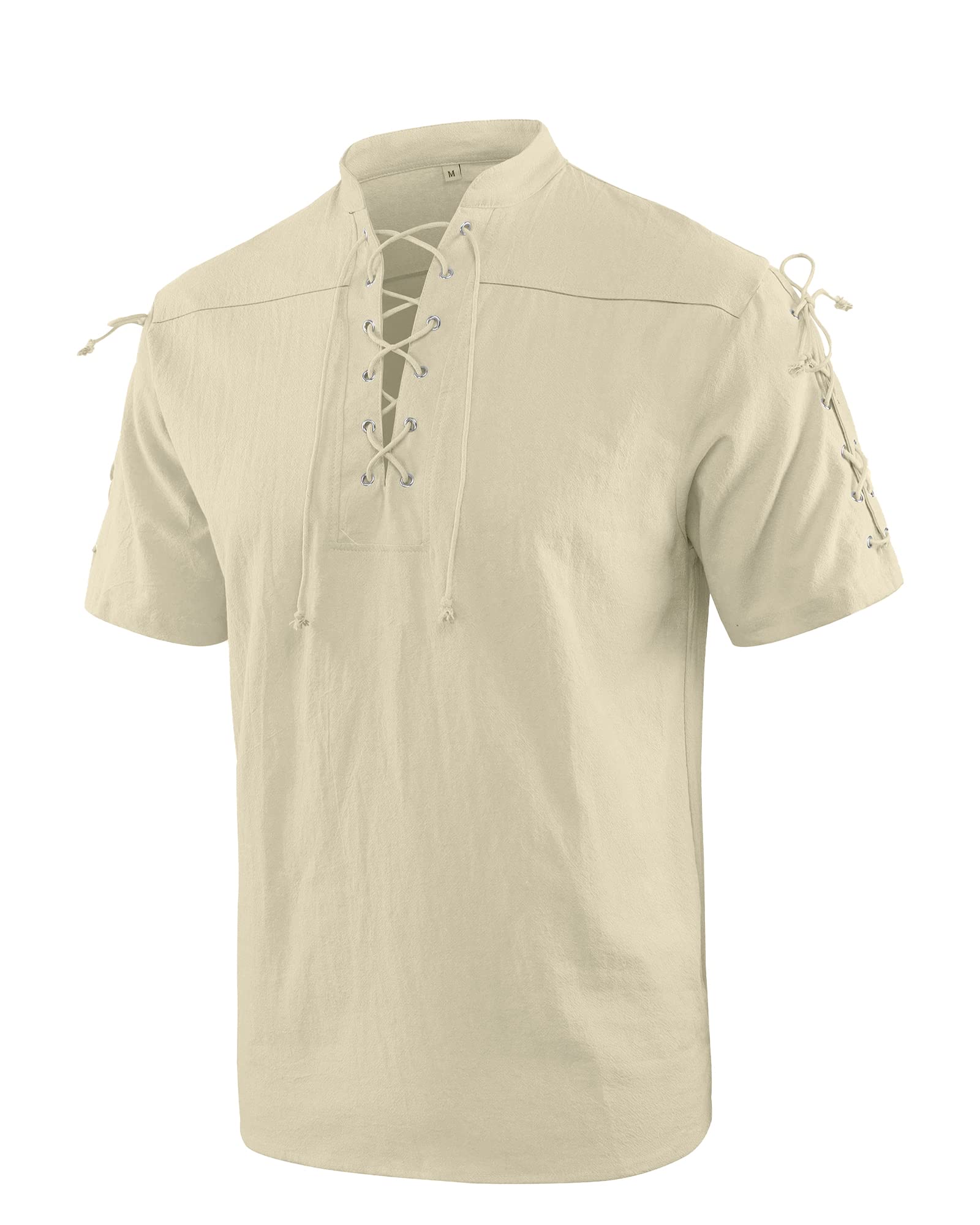 YAOBAOLE Chemise a Manche Courte en Coton Lin pour Homme, Vintage Médiévale Vétements Viking a Lacets Pirate Shirt