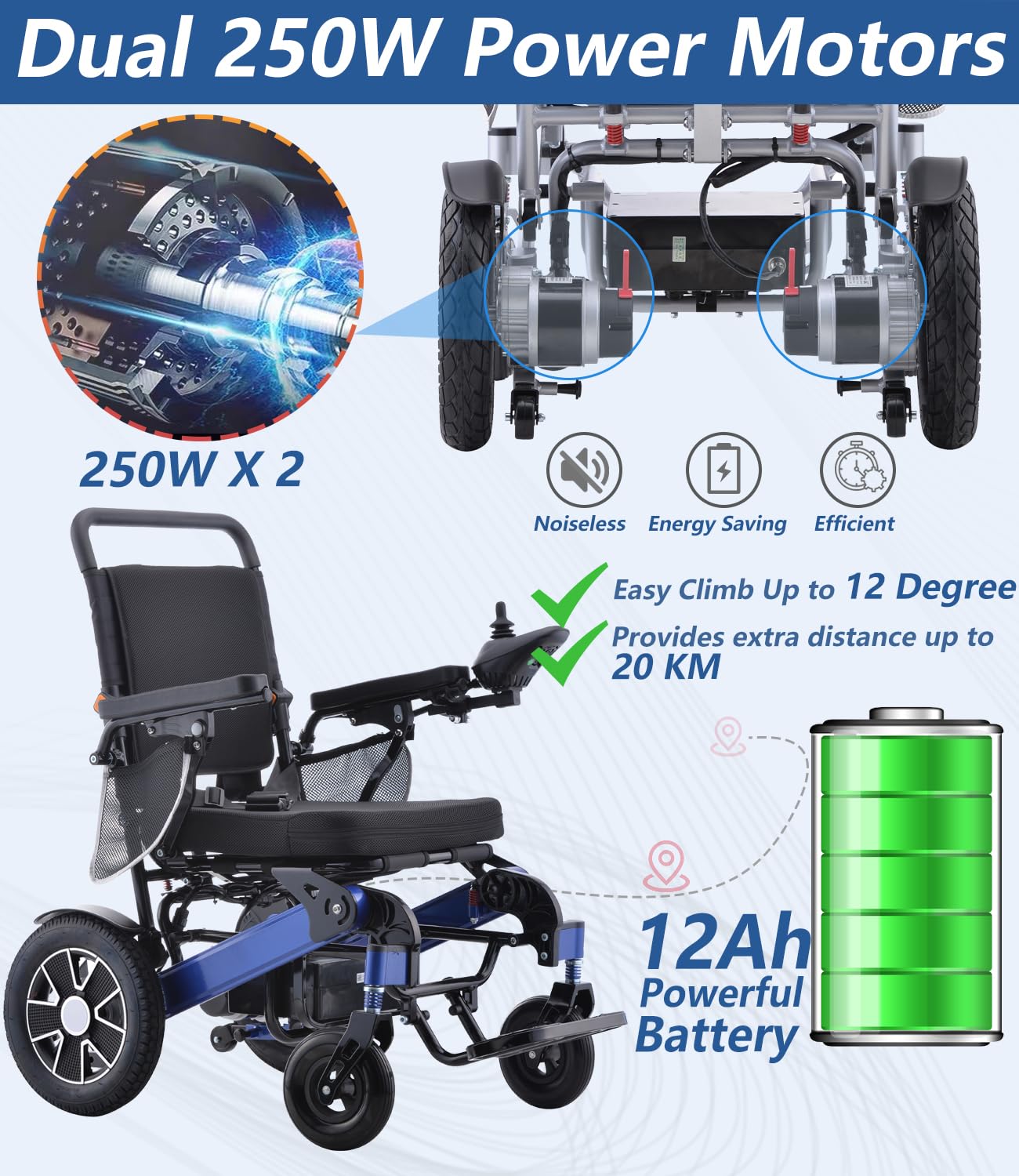 Sedia a rotelle leggera pieghevole portatile per adulti – Elettrica intelligente ultraleggera Power sedia a rotelle motorizzata con batteria da 12 AH Gamma 20 km – Approvato dalla compagnia aerea