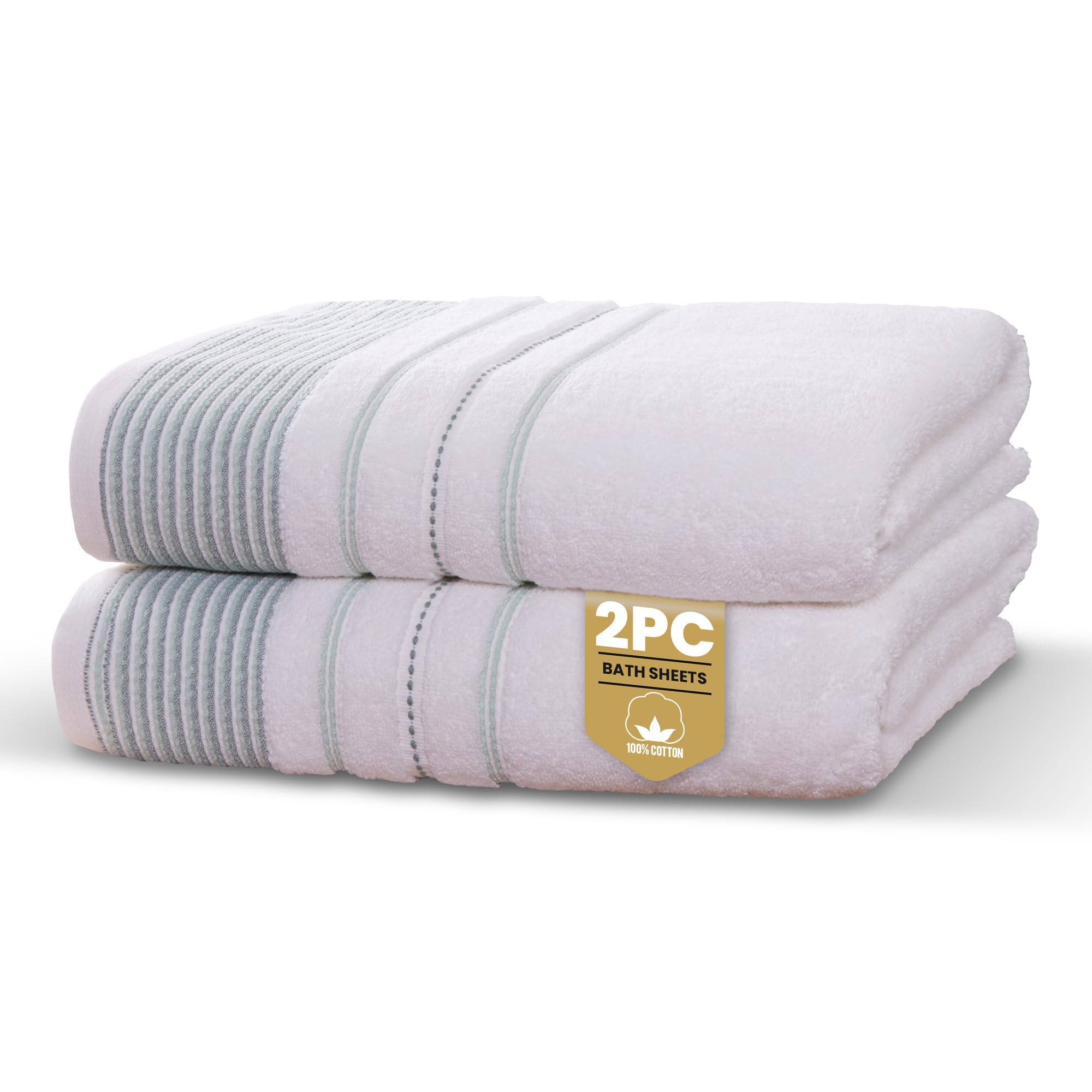 Rapport Home Dakota Stripe Bath Sheets 2 Pack | Green 90x140cm | Luxurious 500GSM 100% Cotton | Oeko-Tex Certified Absorbent & Soft Bathroom Towels