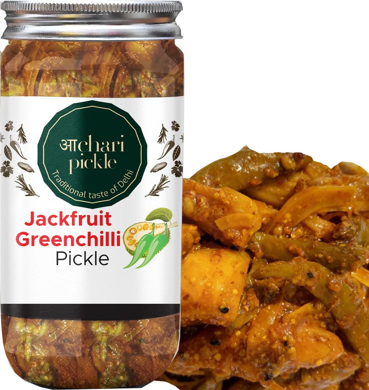 Delhiwala Kathal & Harimirch Achar Homemade Tasty Pickle Achar - 400 gm Jackfruit & Greenchilli Pickle I Taste Bhi Health Bhi I Homemade & Organic