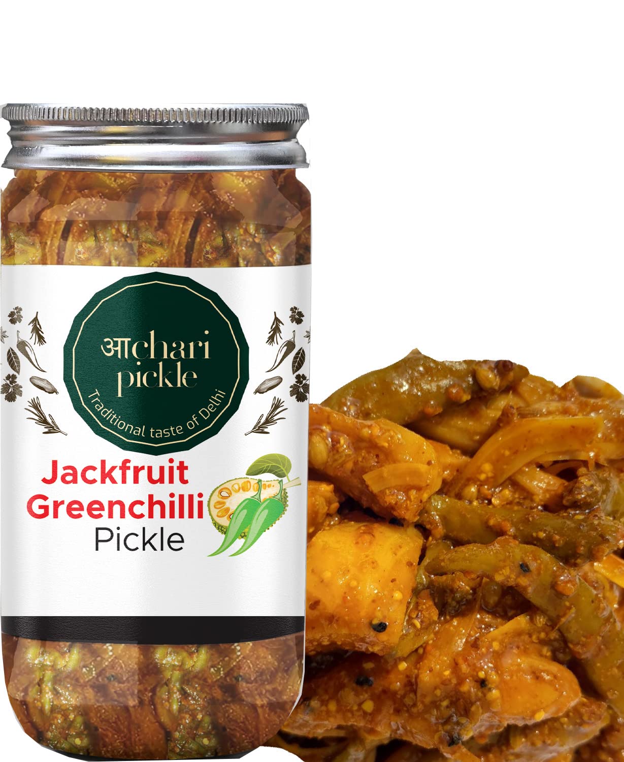 Delhiwala Kathal & Harimirch Achar Homemade Tasty Pickle Achar - 400 gm Jackfruit & Greenchilli Pickle I Taste Bhi Health Bhi I Homemade & Organic