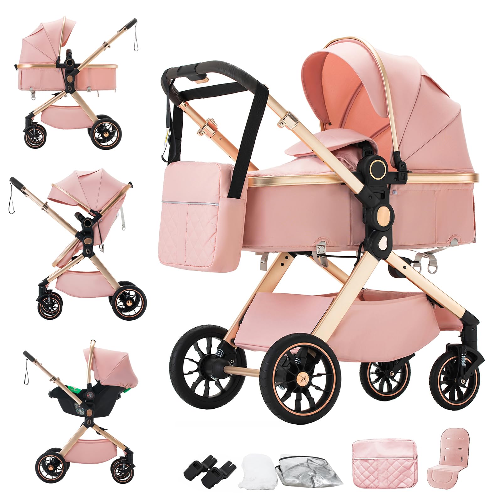 Shineey 3 in 1 Baby Stroller Travel Systems Pushchair Aluminium Frame High Landscape Combined Strollers Lightweight Folding Stroller for Height Compact Stroller (U9-X/Pink, U9-X)