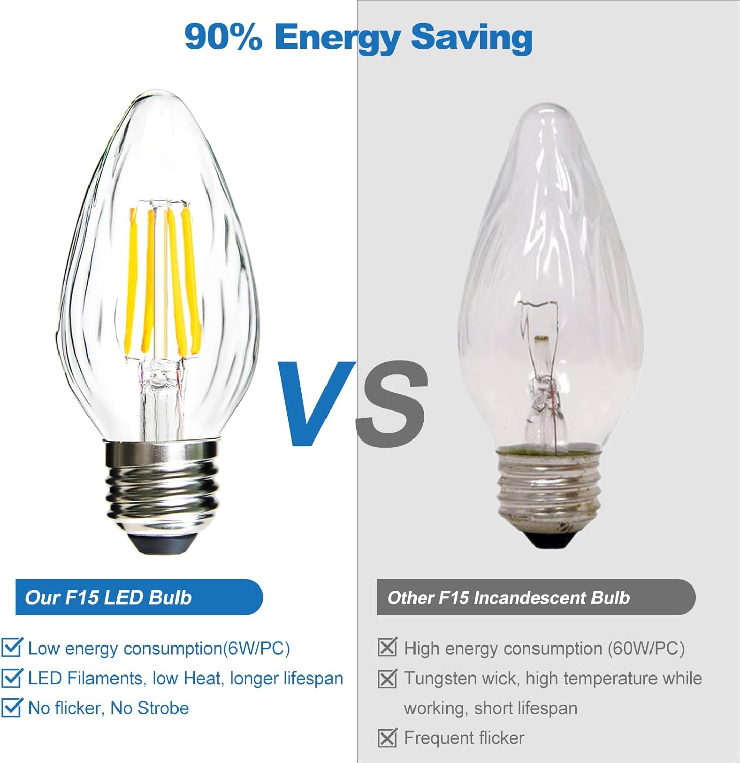 LED Edison Bulbs, Dimmable, F15 Porch Light Bulbs, E26 Base, 6W, Equivalent 60W, 2700K Warm White, Flame Wrinkle Glass Cover, LED Post Bulbs for Ceiling Fan, Pendant Light, 4 Pack