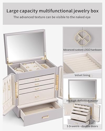 Miniatura 4 de Vlando Caja organizadora de joyas grande, caja de almacenamiento de joyas de 5 capas con espejo y 4 cajones para aretes, collares, anillos y