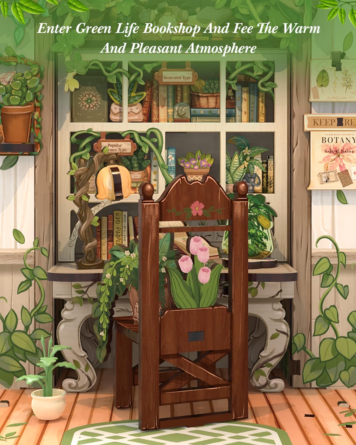 Cutefun Book Nook Kit - DIY Puppenhaus Miniatur Bausatz für Erwachsene, 3D-Holzpuzzles Bastelgeschenke für Frauen und Bücherliebhaber (Green Life Bookshop)