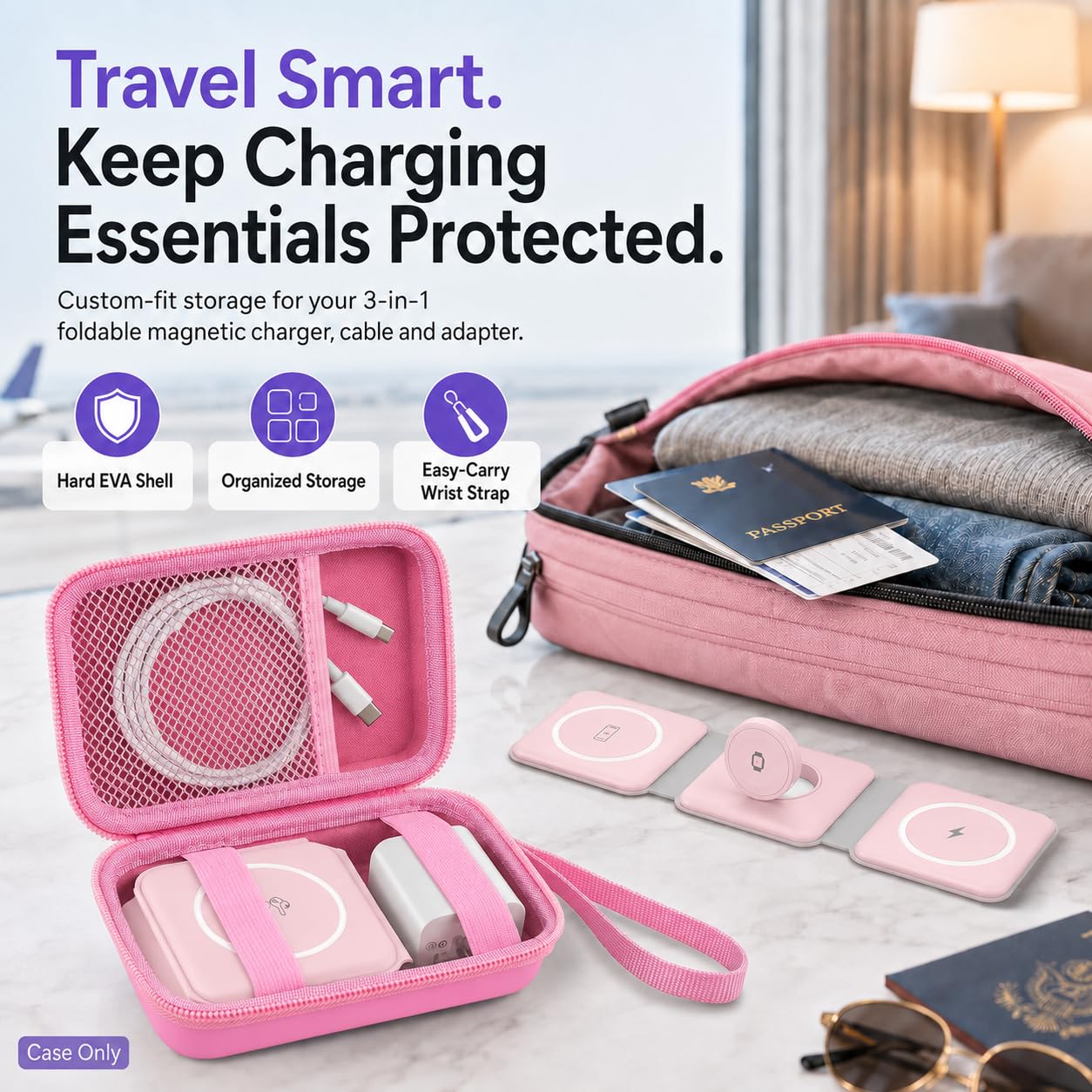 Funda de viaje para UCOMX para Nano/para Rtops/para Hicober/para Iseyyox cargador inalámbrico 3 en 1, estación de carga magnética plegable para cable y adaptador de almohadilla de carga rápida, color