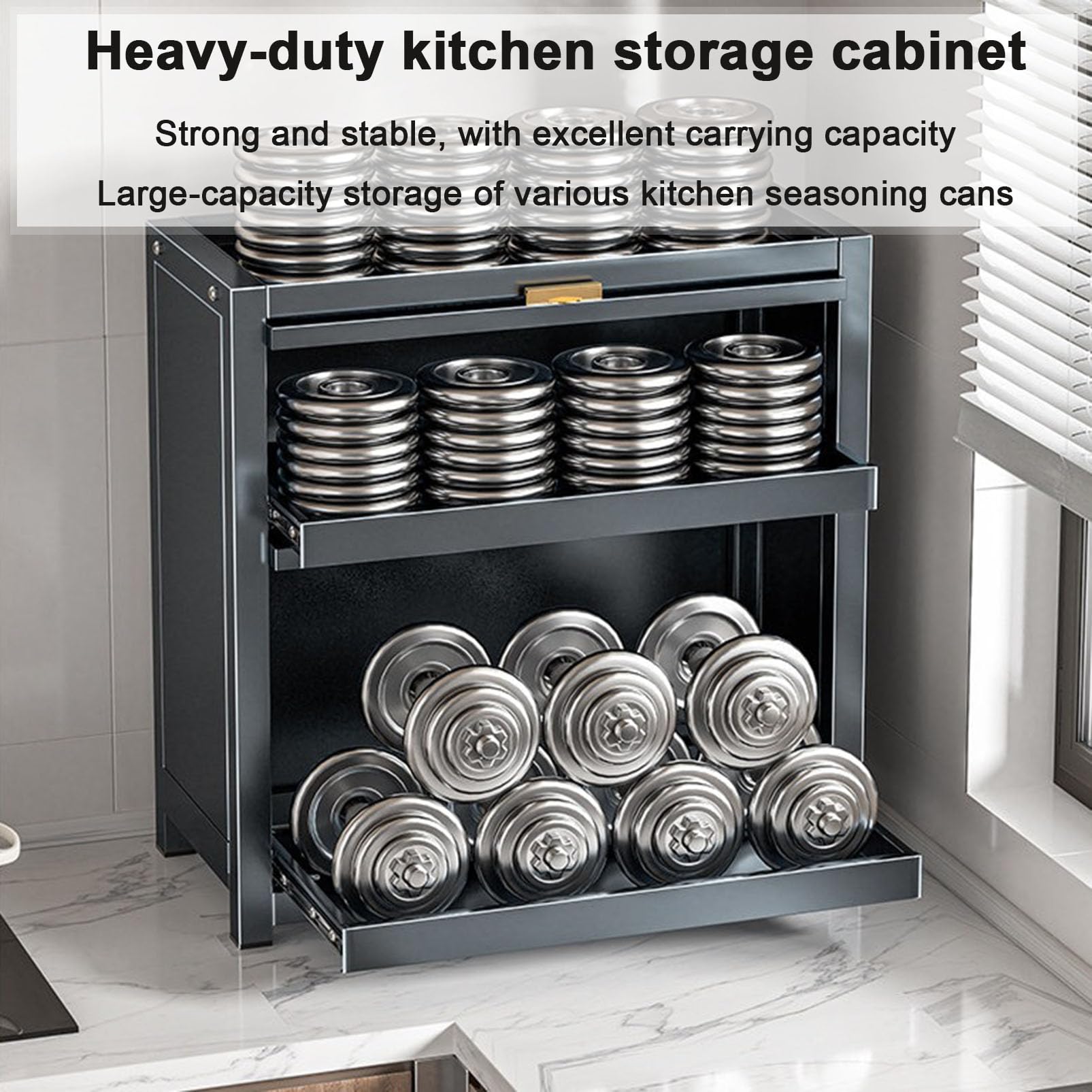 Armoire de Garde-Manger de Cuisine autoportante avec tiroirs coulissants et Porte Rabattable, Organisateur de comptoir pour Bouteilles/Plats/Tasses à épices