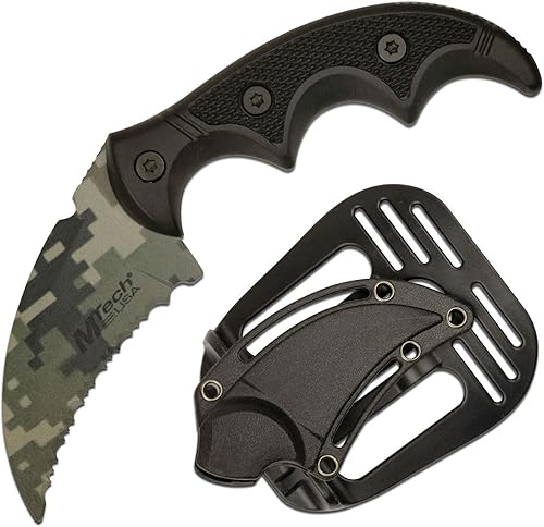 MTECH USA - Fixed Blade Knife - Fully Serrated Stainless Steel Hawkbill Blade, Matte Aluminum Handle w/Textured G10 Insert, Includes Tactical Paddle