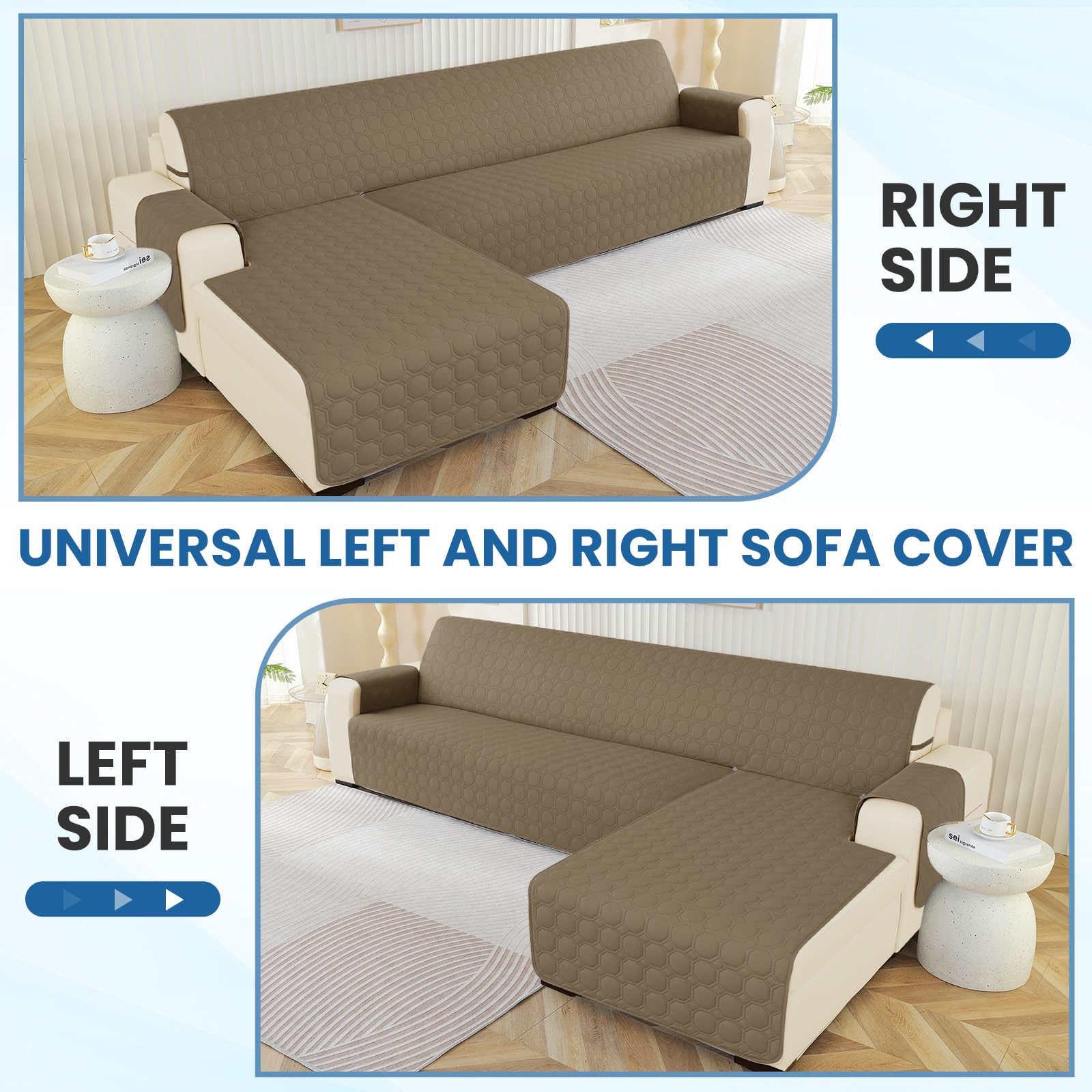 Ystyle Fundas para Sofa Chaise Longue 3 Plazas Impermeable, Fundas Sofa Chaise Longue Izquierda/Derecha Universal Reversible, Protector de Muebles Antideslizante y Antimanchas, Café Claro