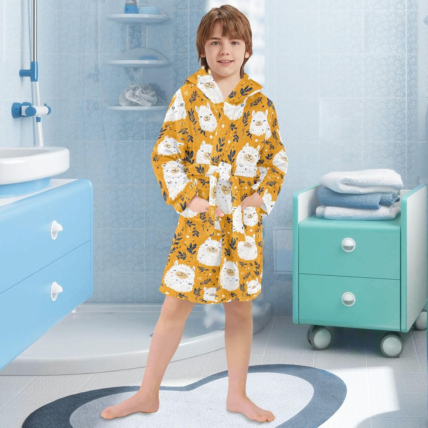 senya Flower Alpaca Happy Toddler Hooded Bathrobe Kids Soft Plush Bath Towel Robes for Boys Girls 2-12 Years