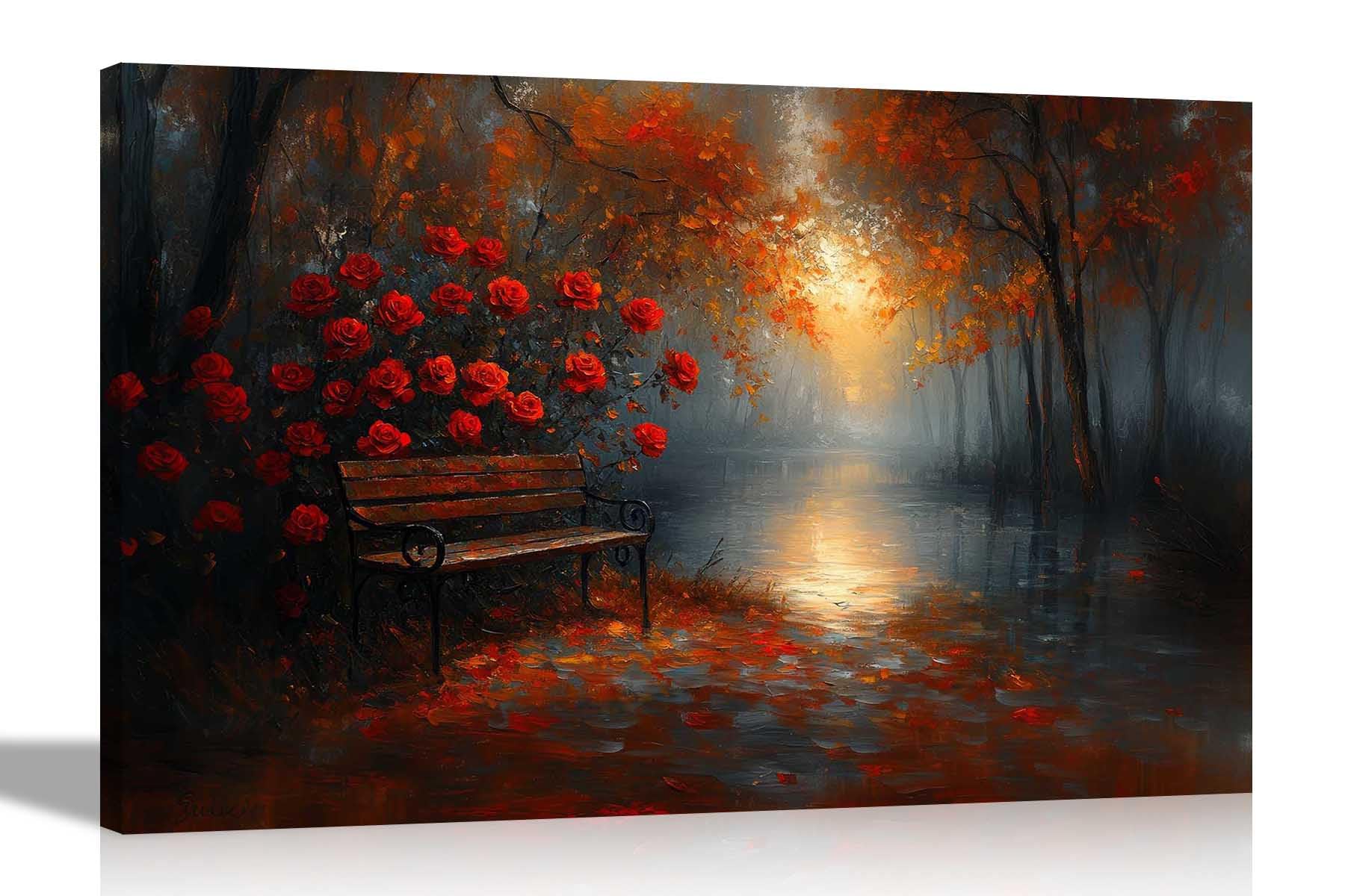 Artley Prints - Rose Flower with Bench in Autumn Park Canvas Prints Wall Art Pictures Home Living Room Bedroom Artwork 76 x 50cm (30 x 20 inches) โ image 1