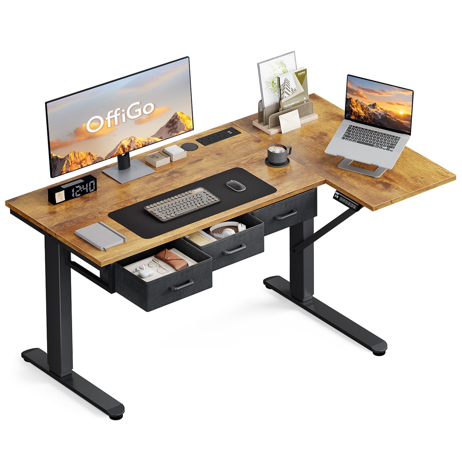 OffiGo L Shaped Electric Standing Desk with 3 Drawers, 140×80cm, Brown