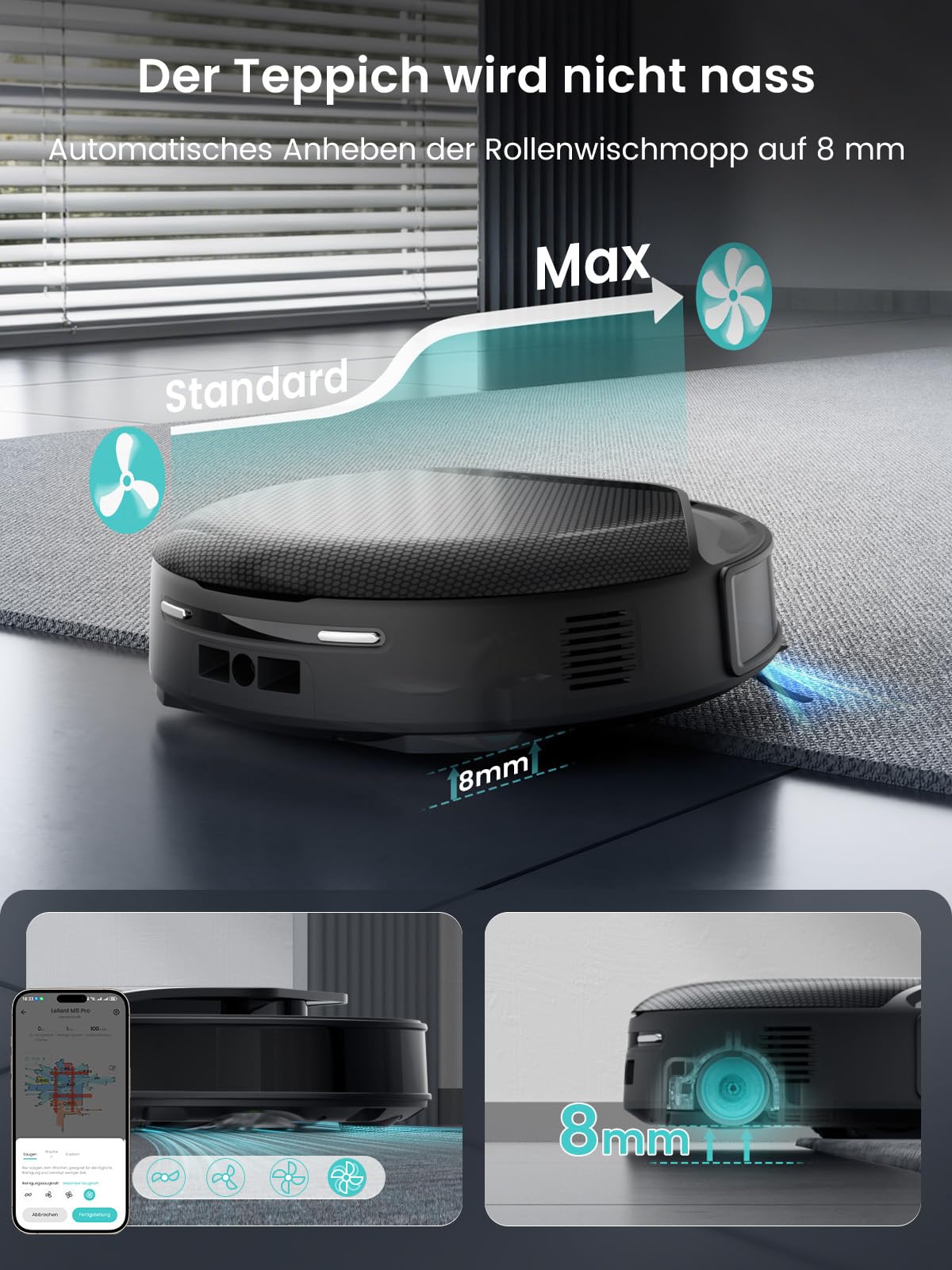 Lefant M5 Max Saugroboter mit Wischfunktion, 23000 Pa Saugkraft, dToF LiDAR Navigation, Dual-Band 5GHz/2.4GHz WLAN, selbstreinigende Wischtuch-Saugstation, intelligente Sprachsteuerung, Schwarz