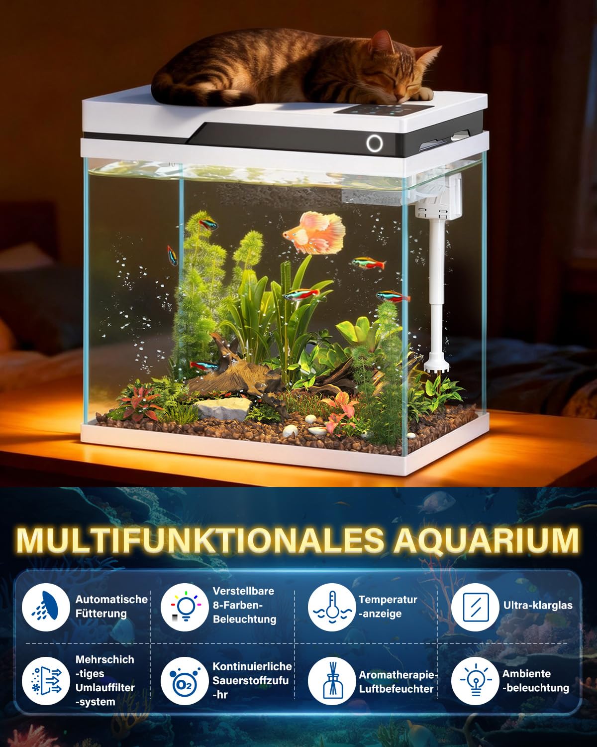 Vehipa Petit Aquarium 26L, Aquarium Complet Débutant avec Distributeur Automatique de Nourriture, humidificateur, Pompe silencieuse 4 en 1, Affichage de la température et éclairage réglable