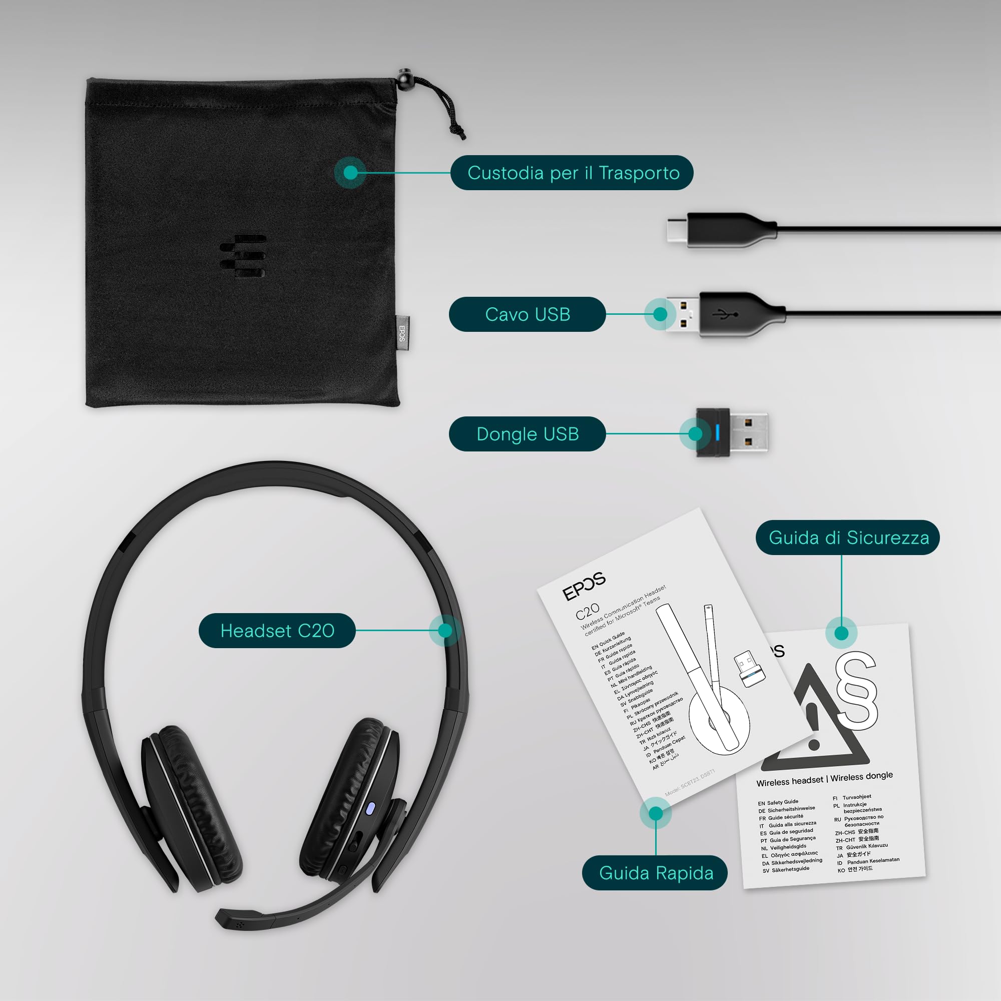 EPOS I SENNHEISER C20 Cuffie con microfono | Cuffie Bluetooth con autonomia fino a 27 ore e tecnologia EPOS BrainAdapt™