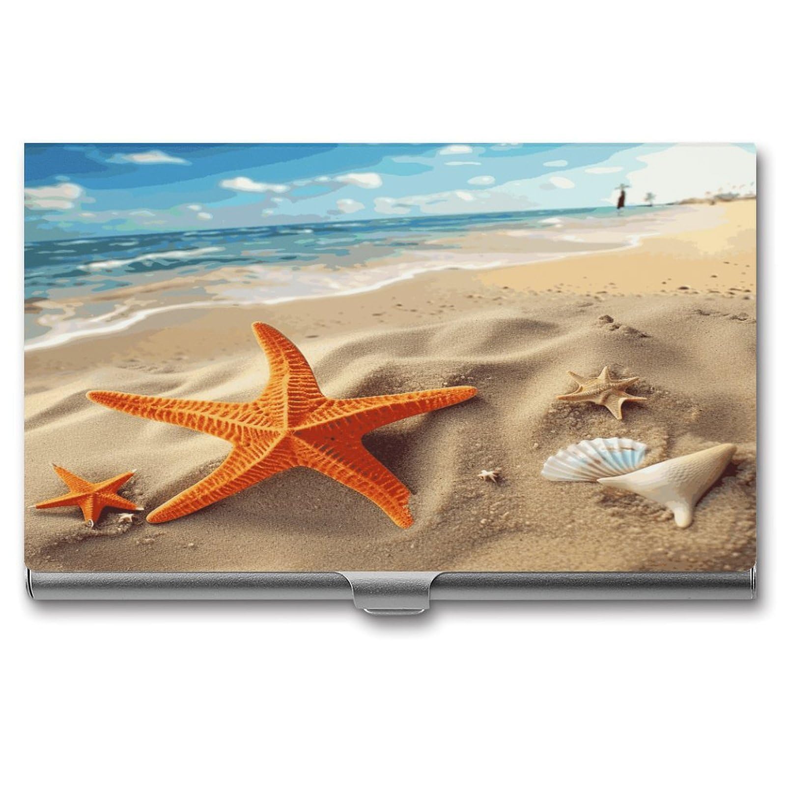 LDGSUPH Sea Beach Starfish Business Card Holder Fashion Slim Name Card Holder Minimalist Design Case Metal Card Carrier Personalized Business Card Case with Flip for Men Women