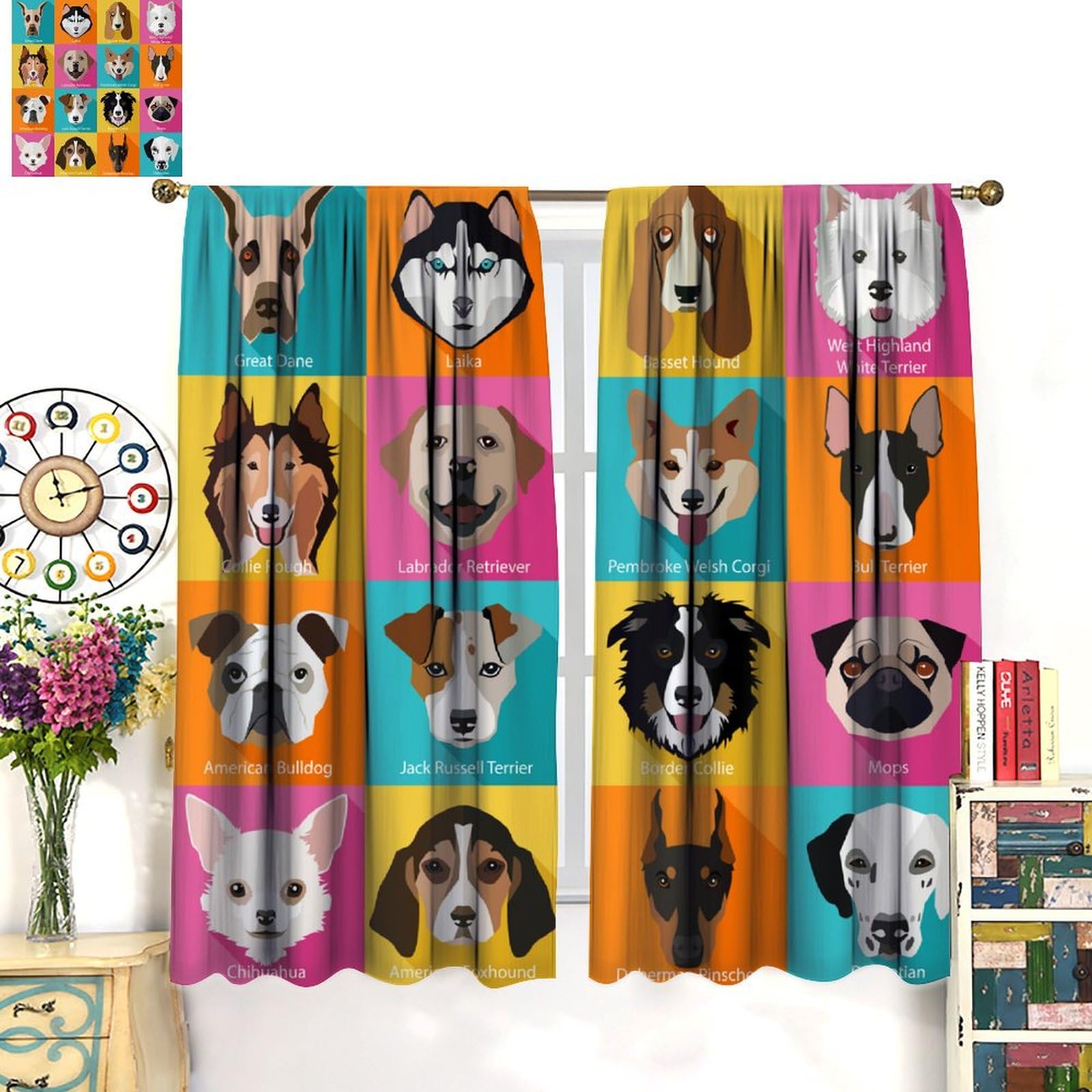 ShiTingYu Kids Cute Puppy Dog Cartoon Pet Pug Dog Bulldog Curtains for Bedroom & Living Room - Watercolor Animal Pattern Design - 42x45 Inch