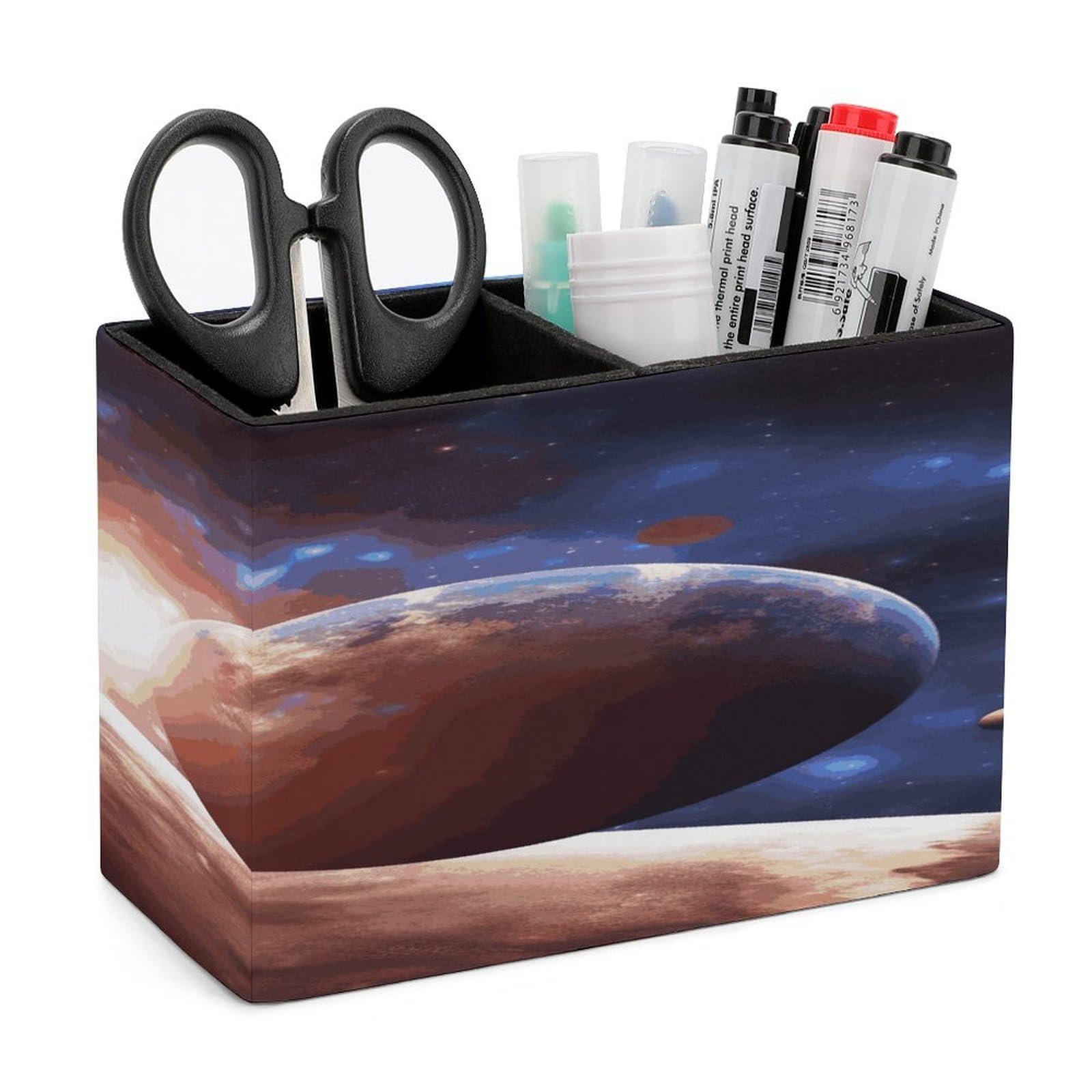 LDGSUPH Planets in Space Background Leather Pen Holder for Desk Organizer Caddy Large Pencil Cup Multi-function Pencil Holder Makeup Brush Holders Pen Organizer for Home Office Storage Box