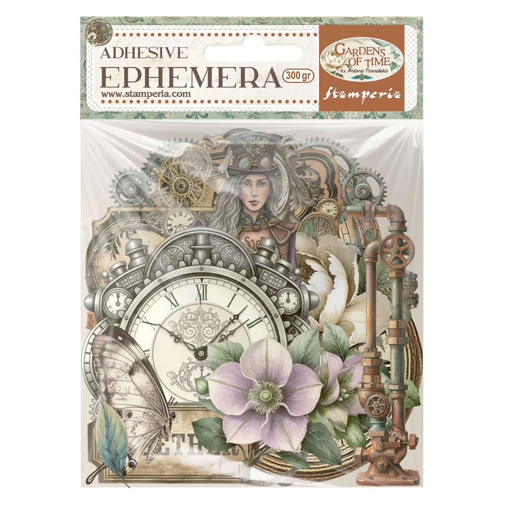 Stamperia - Ephemera for Scrapbooking, Albums, Card Making, Bullet Journalling and More, Adhesive Paper Cut Outs, Easy to Apply, Perfect for Hobbies, Crafts, and Gifting (Gardens of Time)