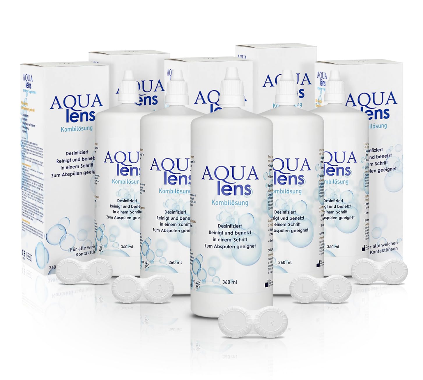 Kontaktlinsen Fluessigkeit 5x360 ml - 1800 ml +5 Behälter - Premium All-in-One Kombilösung für weiche Kontaktlinsen mit HPMC