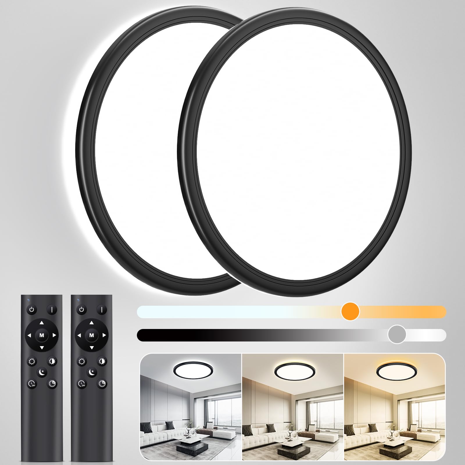 OUILA Ø30cm Dimmerabile Lampadario con Telecomando, 24W Plafoniera Dimmerabile 3000K-6500K Plafoniera LED Soffitto 2400LM Plafoniere per Soggiorno Camera da Letto Cucina Bagno (Nera, 2 Pezzi)