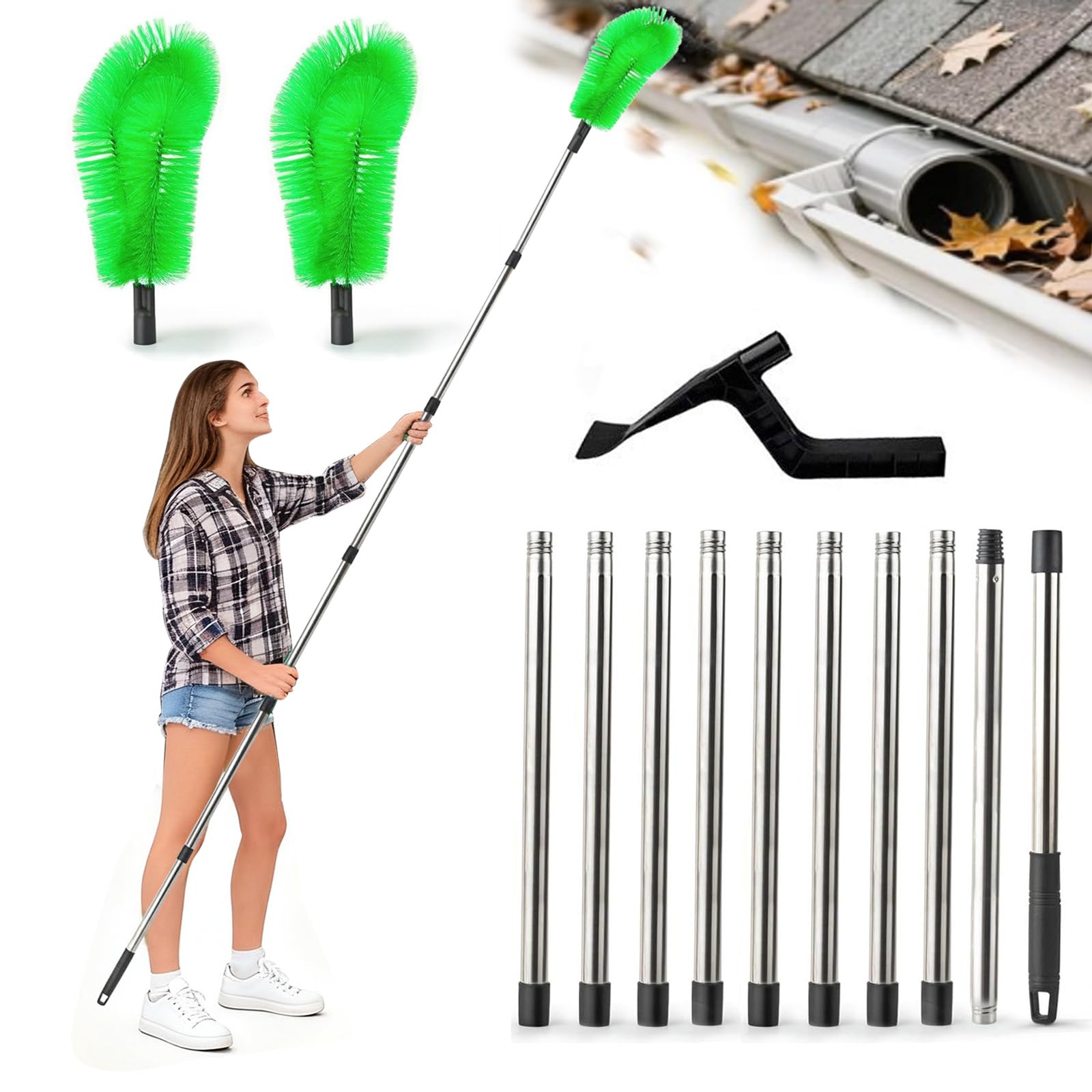 Perche Telescopique Nettoyage Gouttiere 2 en 1, 390 CM Nettoyeur Gouttiere avec 10 Tiges + 2 Têtes+1 Râteau à Feuilles, Perche Telescopique Nettoyage Toiture pour Feuilles, Fenêtres, Toits Descente