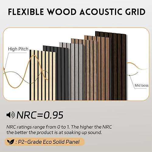 Miniatura 3 de Paquete de 2 paneles de madera para pared, paneles acústicos de listones de madera de 106.3 x 11 pulgadas para pared, paneles insonorizados, paneles