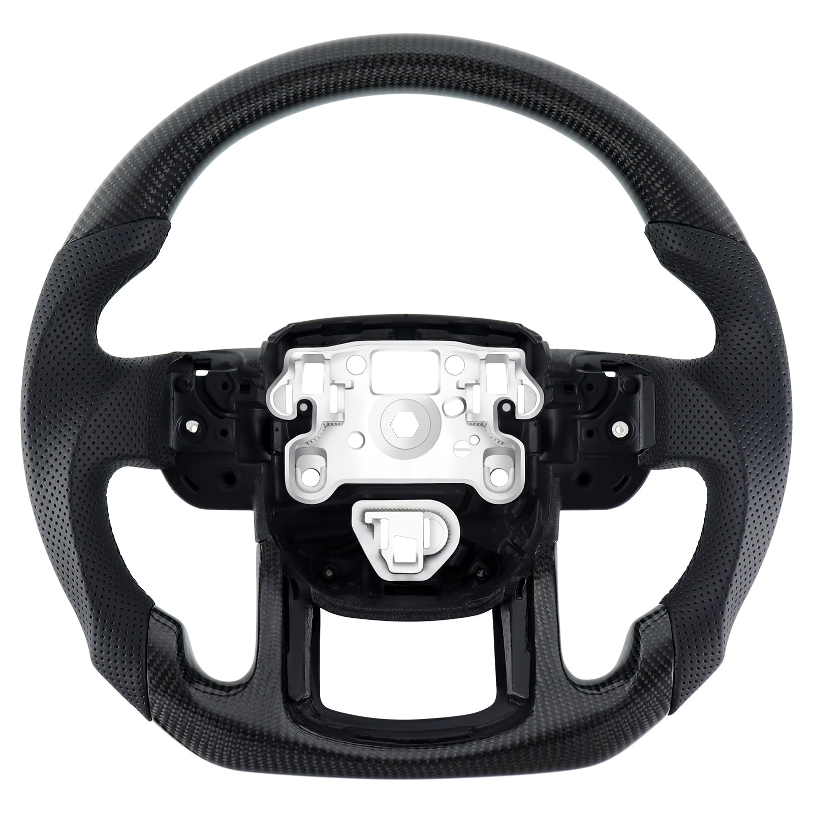 Volante de fibra de carbono y cuero en forma de D, personalizado con base plana y mango de cuero perforado para Range Rover Sport 2014-2022
