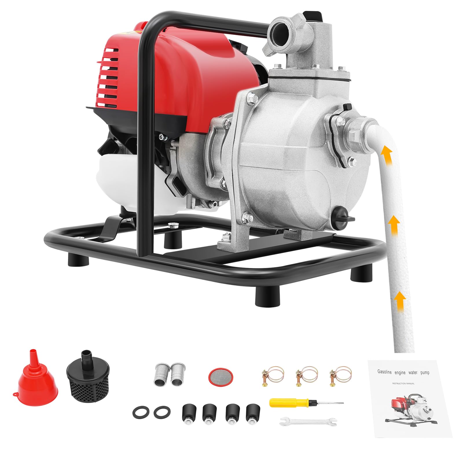 Bomba de agua de gasolina de 38 cc, 4 tiempos, 1,2 kW, 8 m, altura de aspiración de agua 3 m, altura máxima de extracción de 30 m, bomba de transporte de agua, cilindro único con mango portátil para