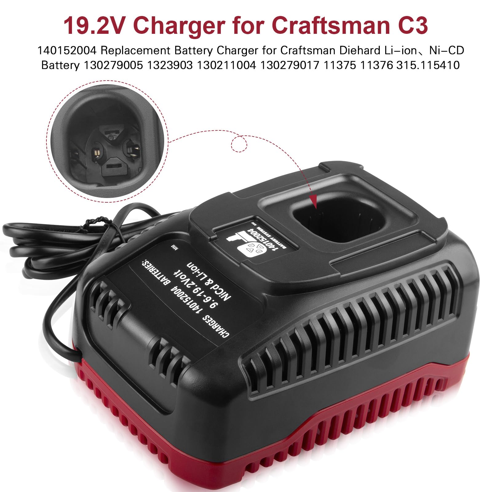 Caricatore rapido da 19,2 V (doppia chimica) per utensili Craftsman 19,2 volt C3 XCP ioni di litio e Ni-Cad Diehard Caricabatterie