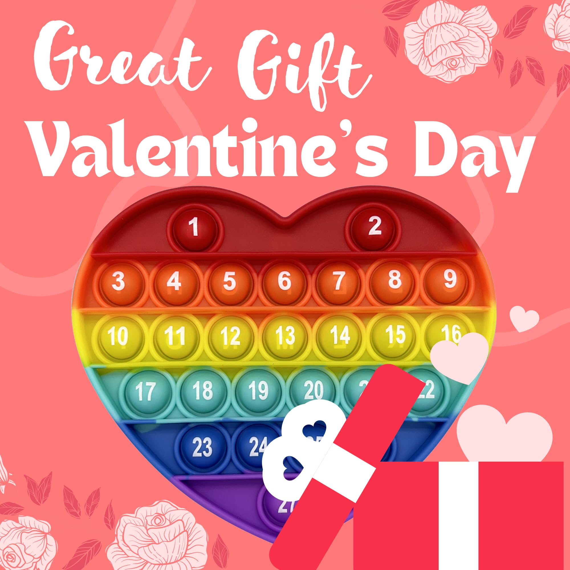 unitedessentialgoods Rainbow Heart Shaped Pop Bubble Valentines Fidget Toy with Letters and Numbers, Xmas Gift Sensory Toy with Alphabets Kids Birthday Party Classroom Prize Stress Reliever 6