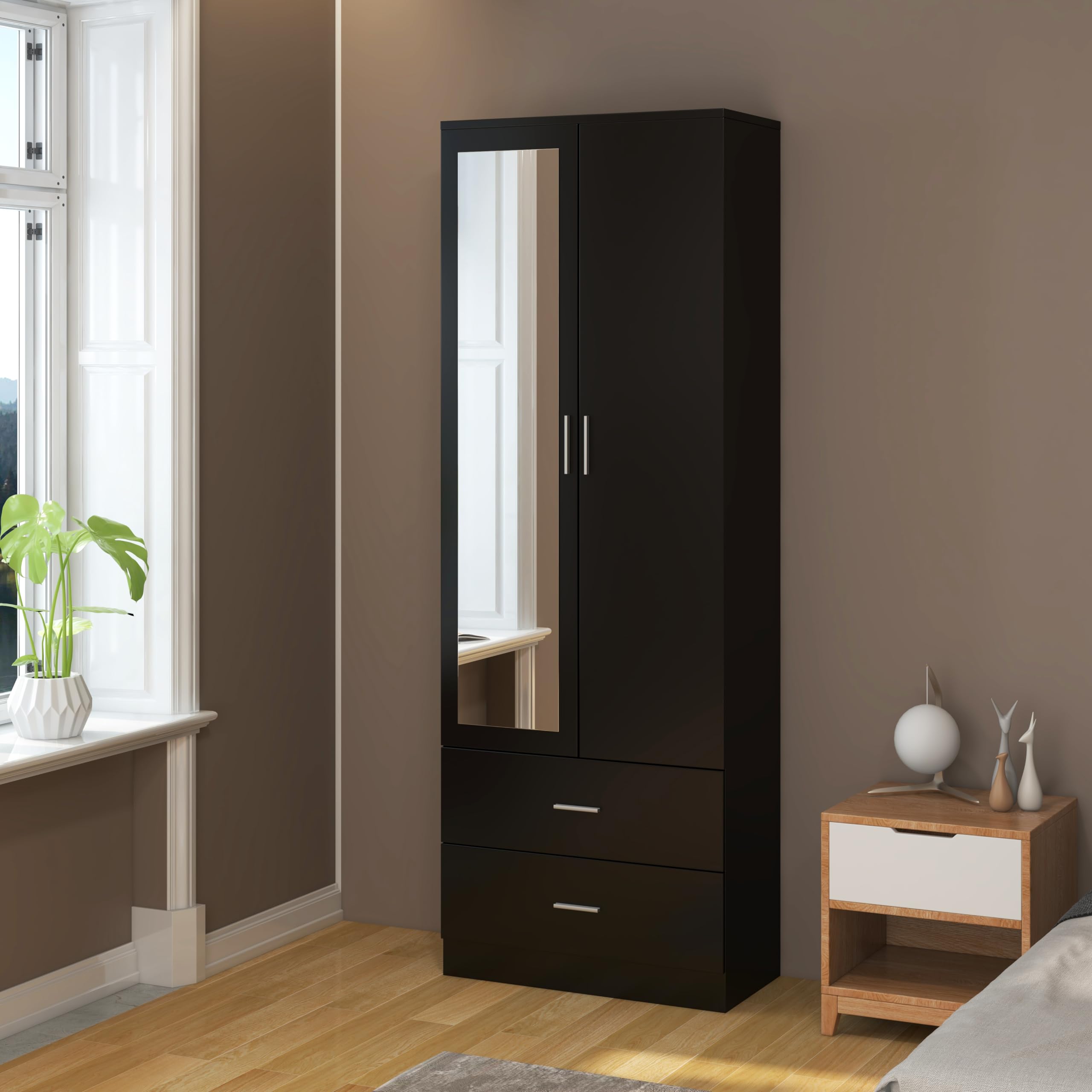 Panana Wooden 2 Door Mirrored Wardrobe with 2 Drawers and Hanging Rail Modern Clothes Storage Cupboards Unit for Bedroom Furniture W 77 x D 50 x H 180 cm (Black)