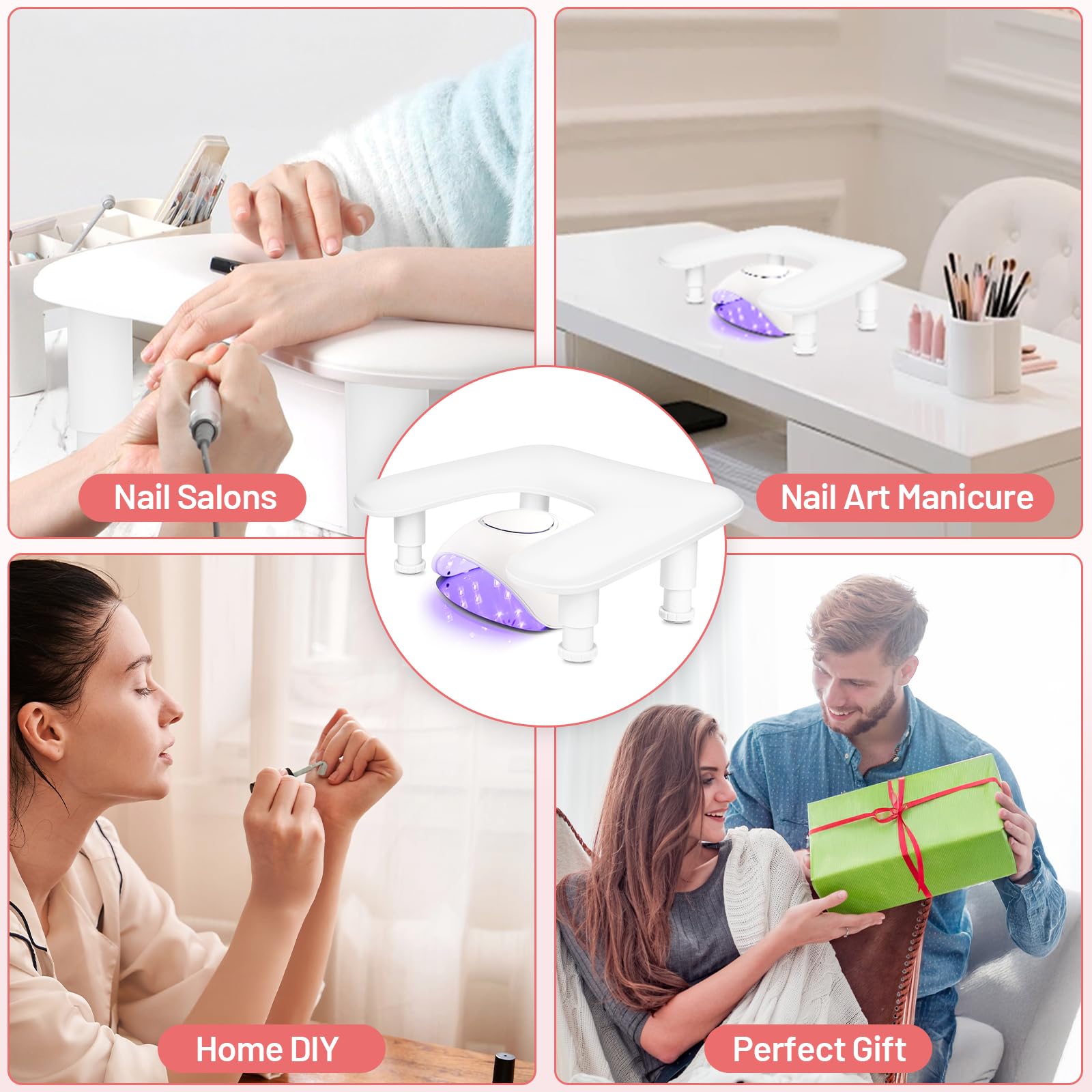 Reposabrazos para Uñas de U para manicura – Reposamanos para Uñas,Almohadilla para manos ajustable en altura de cuero PU antideslizante,cojín de apoyo para técnicas de uñas – Blanco
