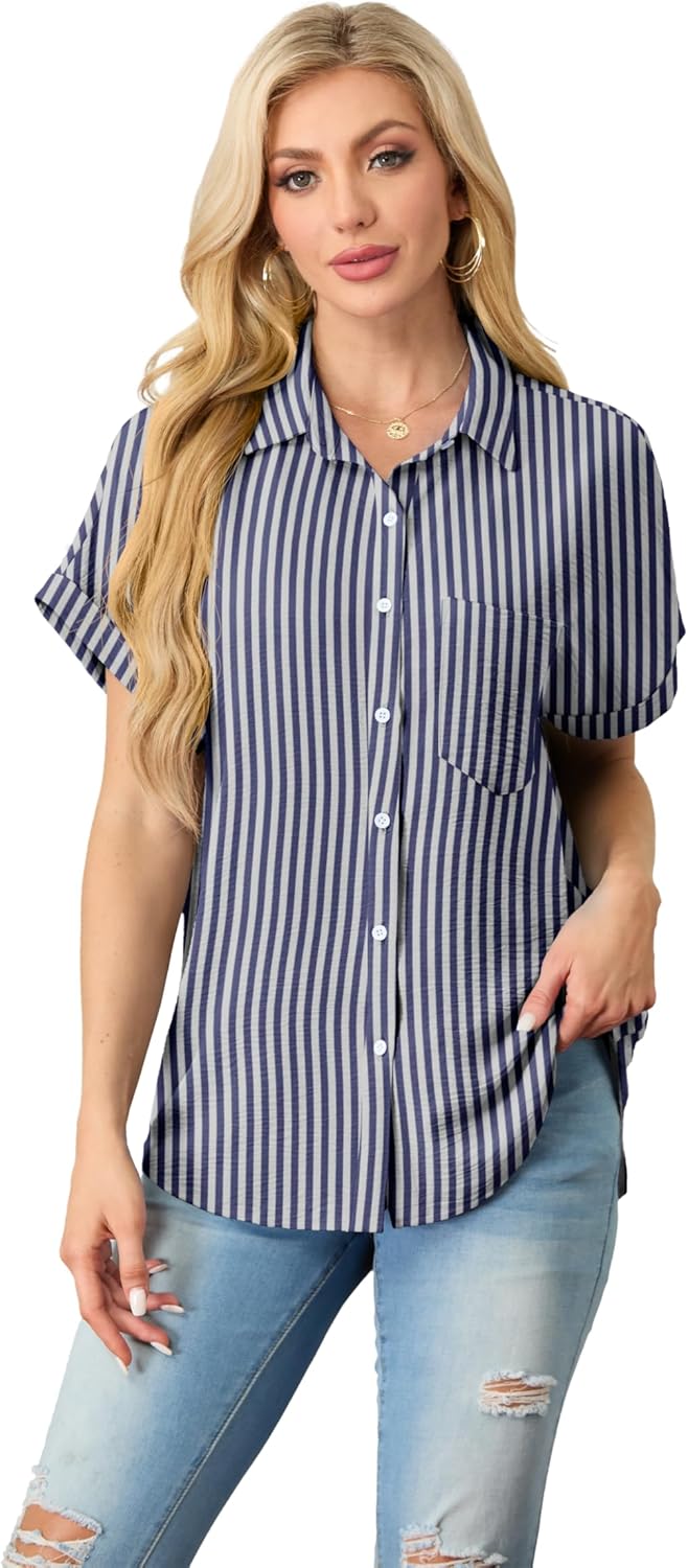 Button Down Short Sleeve Shirts for Women V Neck Loose Roll Up Collared Shirt Casual Summer Tops with Pockets - Image 3