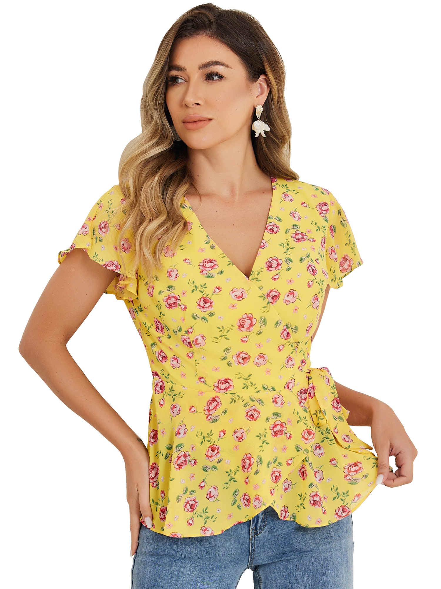 Allegra K Wrap Tops for Women's Floral Printed V Neck Slit Sleeve Tie Waist Peplum Blouse