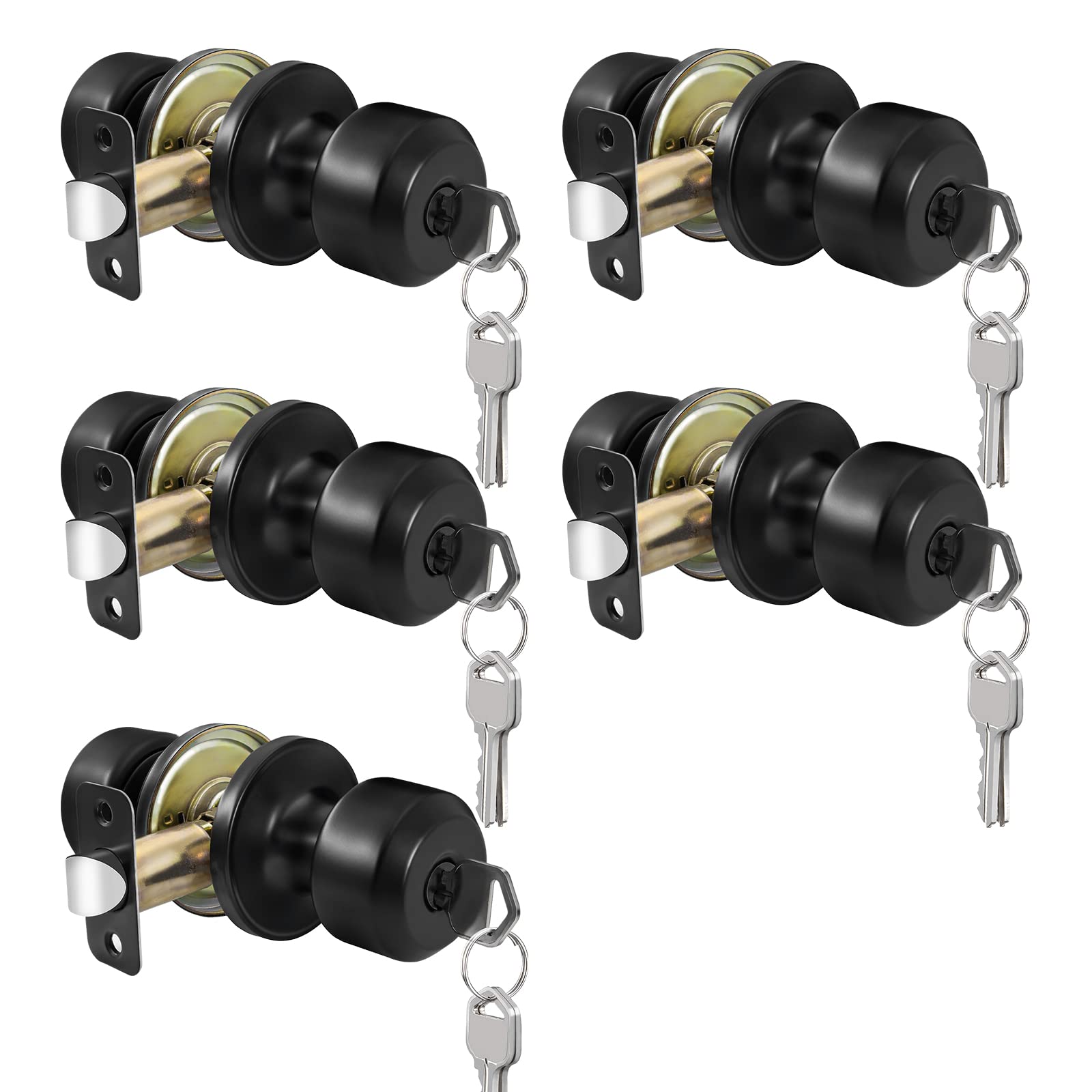 Haidms 5 Packs Matte Black Door Knob with Lock and Key, Entry Door Knobs Exterior,Black Front Door Knob, Locking Door Knobs with Keys, Exterior Door Knobs(Round Panel Exterior Door Konbs)