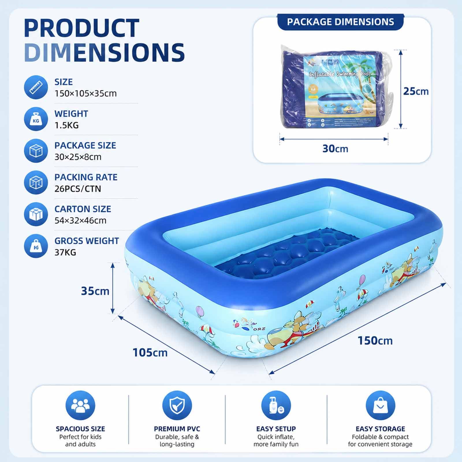 Piscine Gonfiabili, Piscina Grande a Doppio Strato 150x105x35cm | Piscina gonfiabile spessa e resistente, con pompa, per esterni, giardino, festa d'acqua estiva