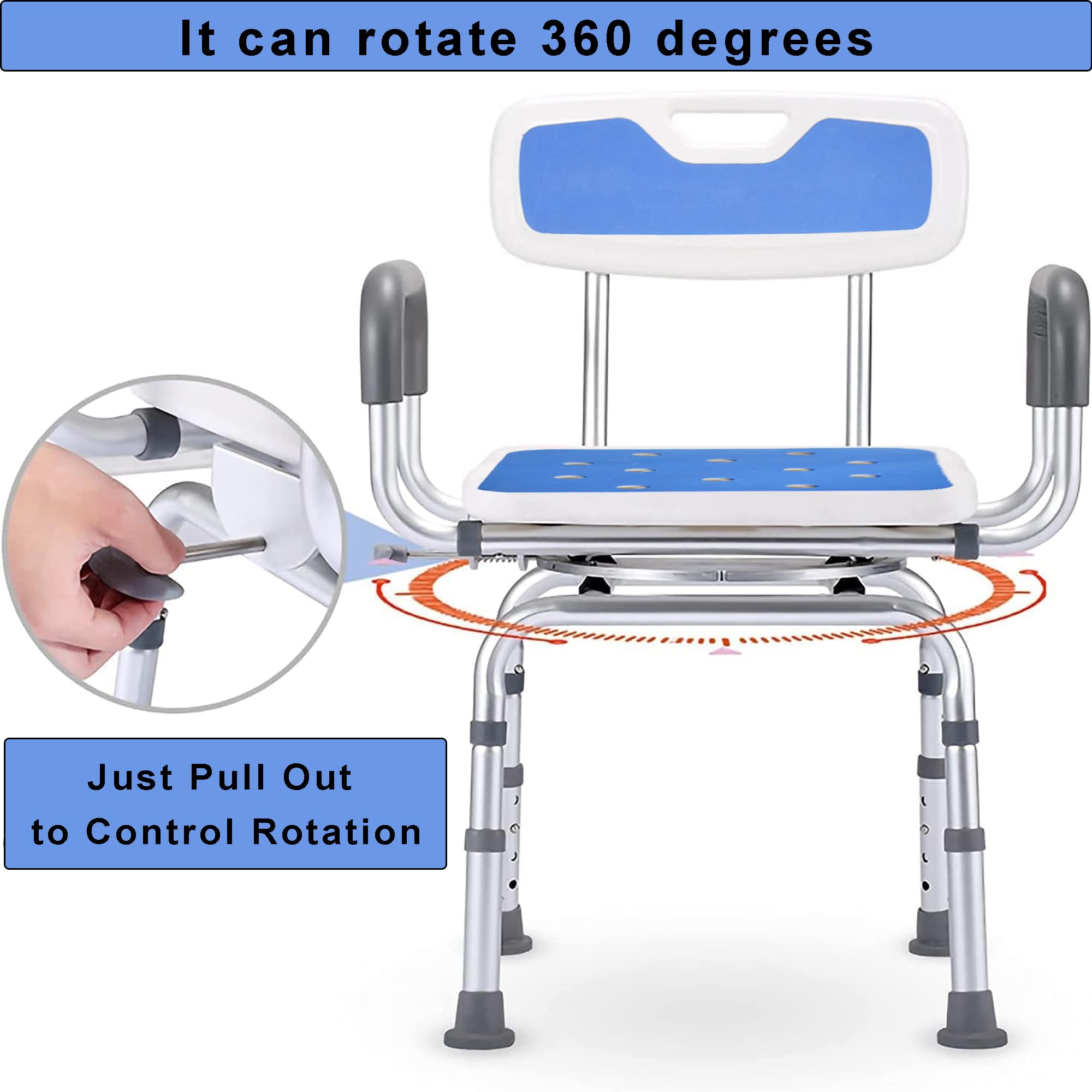 360 Degree Shower Chair Swivel with Soft Memory Foam Seat Pad,Portable Shower Seat with Armrests and Back, Foldable Adjustable Height Seat for Bathtub (White)