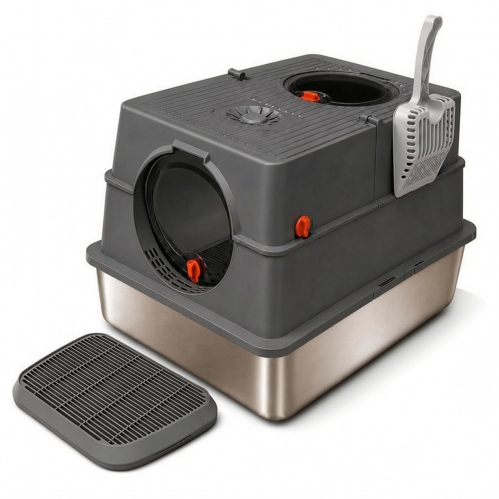 Gralara Arenero con Banja Acero Inoxidable Muy Gran Arenero Cerrado Antiolores Caja Sanitaria para s Voluminosos, Interiores, Casa, Gris Espacial Profundo