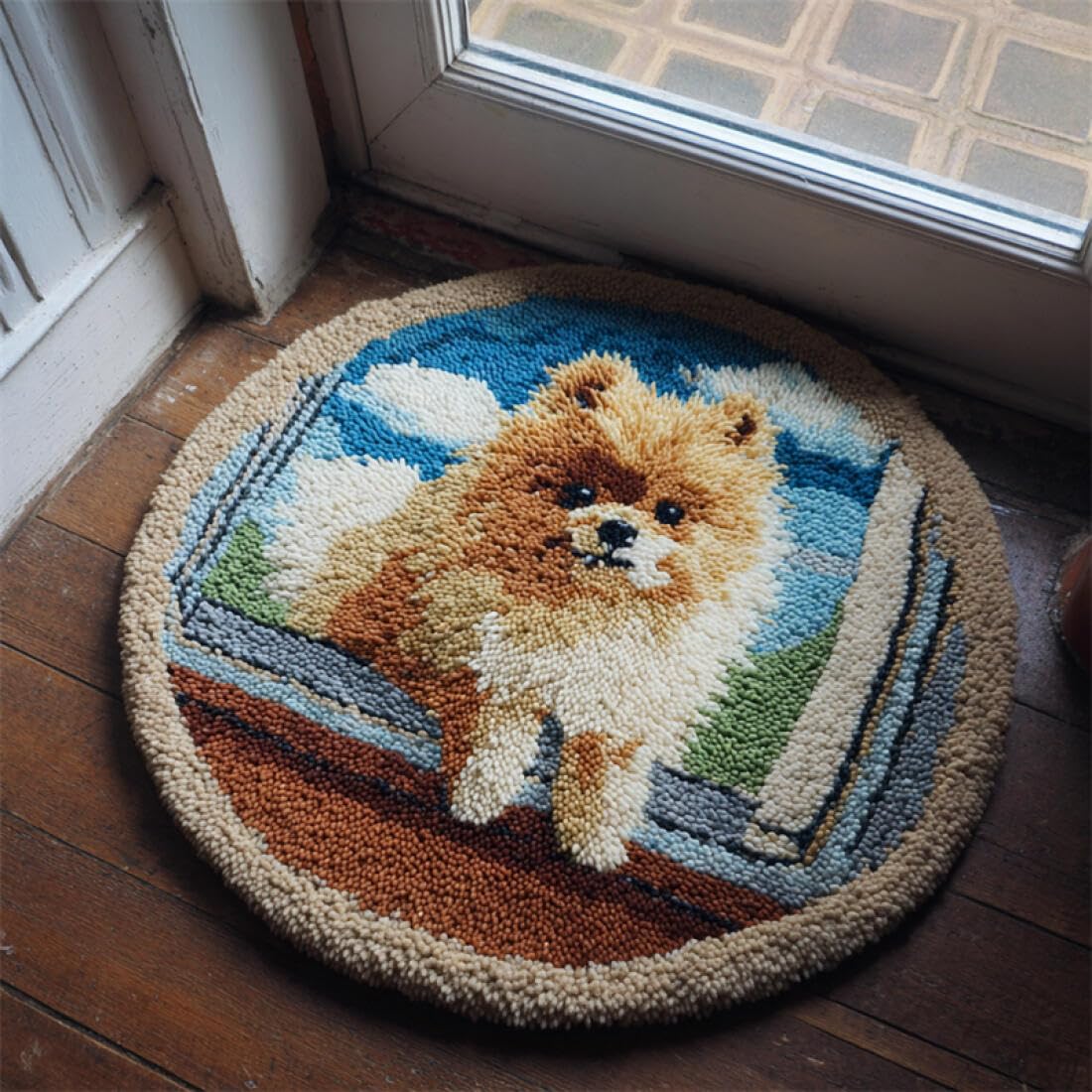 Rqwybcaxn DIY Rug Latch Hook Kits for Adults Animal Needlework Kit Dog on the windowsill 50x50cm Round Tapestry with Crochet Hook Living Room Craft Gift