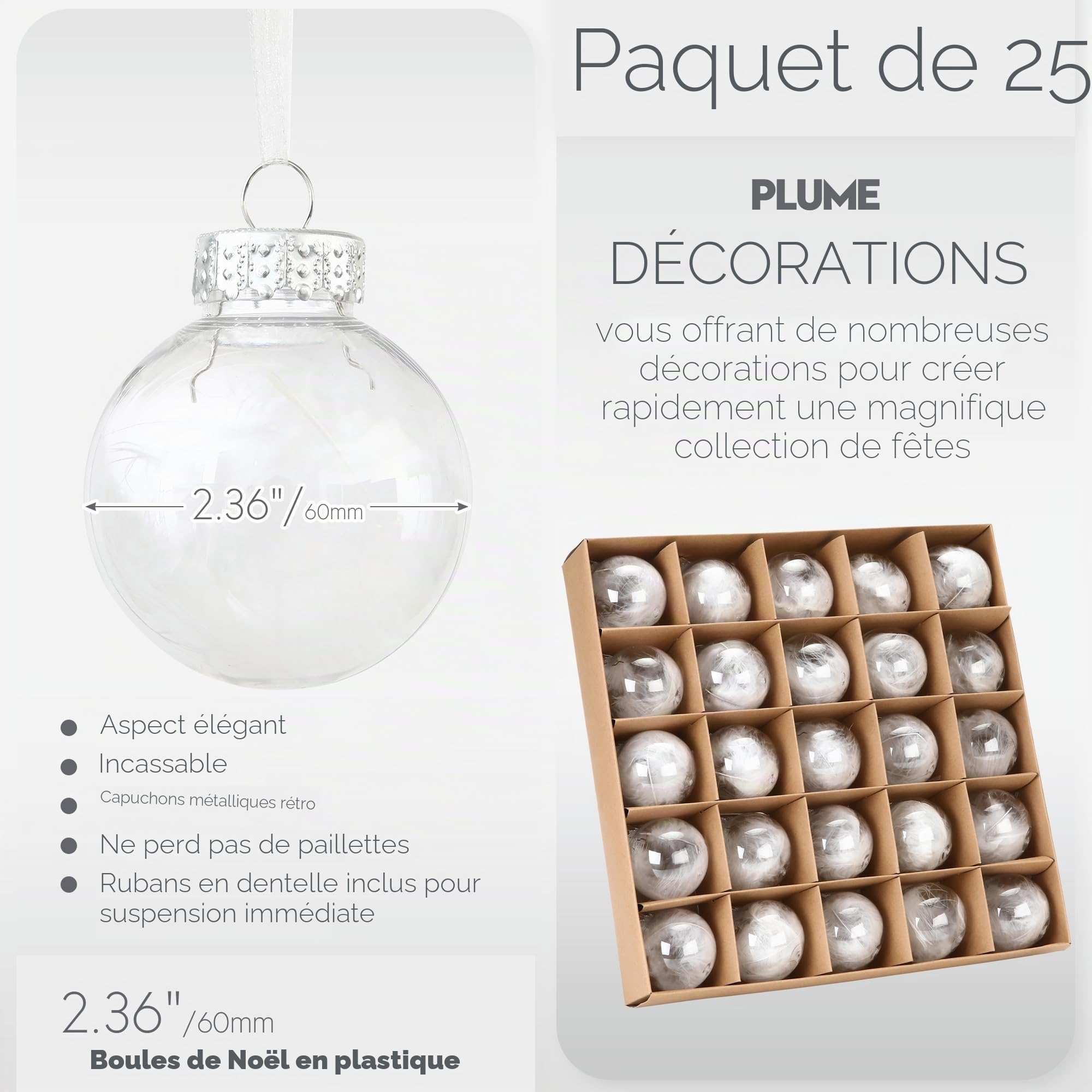 Sea Team Lot de 25 boules de Noël transparentes remplies de plumes, boules décoratives à suspendre avec plumes, décorations en plastique incassable pour sapin de Noël, couronne, guirlande, 60 mm/2,36