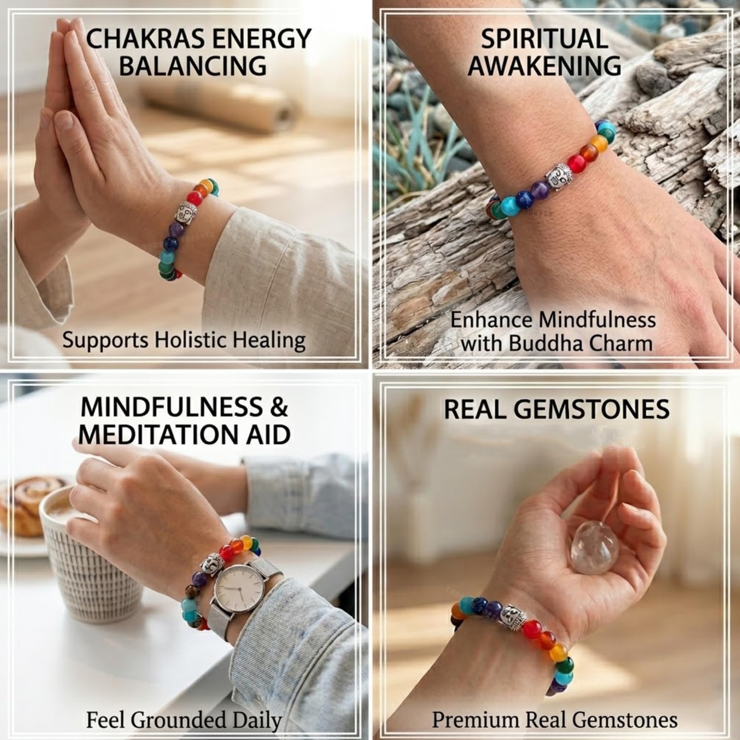 Young & Forever Natural 7 Chakra Healing Bracelet with Tiger Eye Beads & Silver-Tone Buddha Charm – Reiki Energy Balancing & Grounding Yoga Jewelry for Men & Women – Adjustable Elastic Stone Wristband for Anxiety Relief & Positive Energy 3