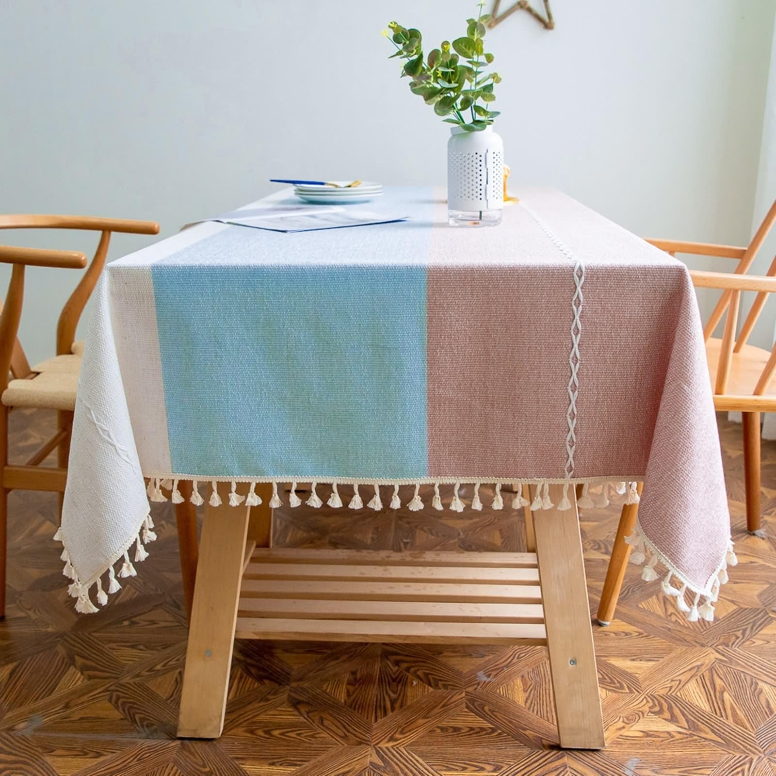 Mantel Comedor, 140x240cm, Blanco Azul Rojo, Rectangular, Mantel de Poliéster Raya, Lavable