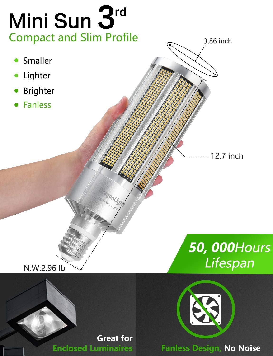 DragonLight Bombilla LED de maíz superbrillante de 200W sin ventilador (equivalente a 1200 vatios) – Lámpara LED E40 de grado comercial de base grande – Luz diurna de 5000K 27000 lúmenes